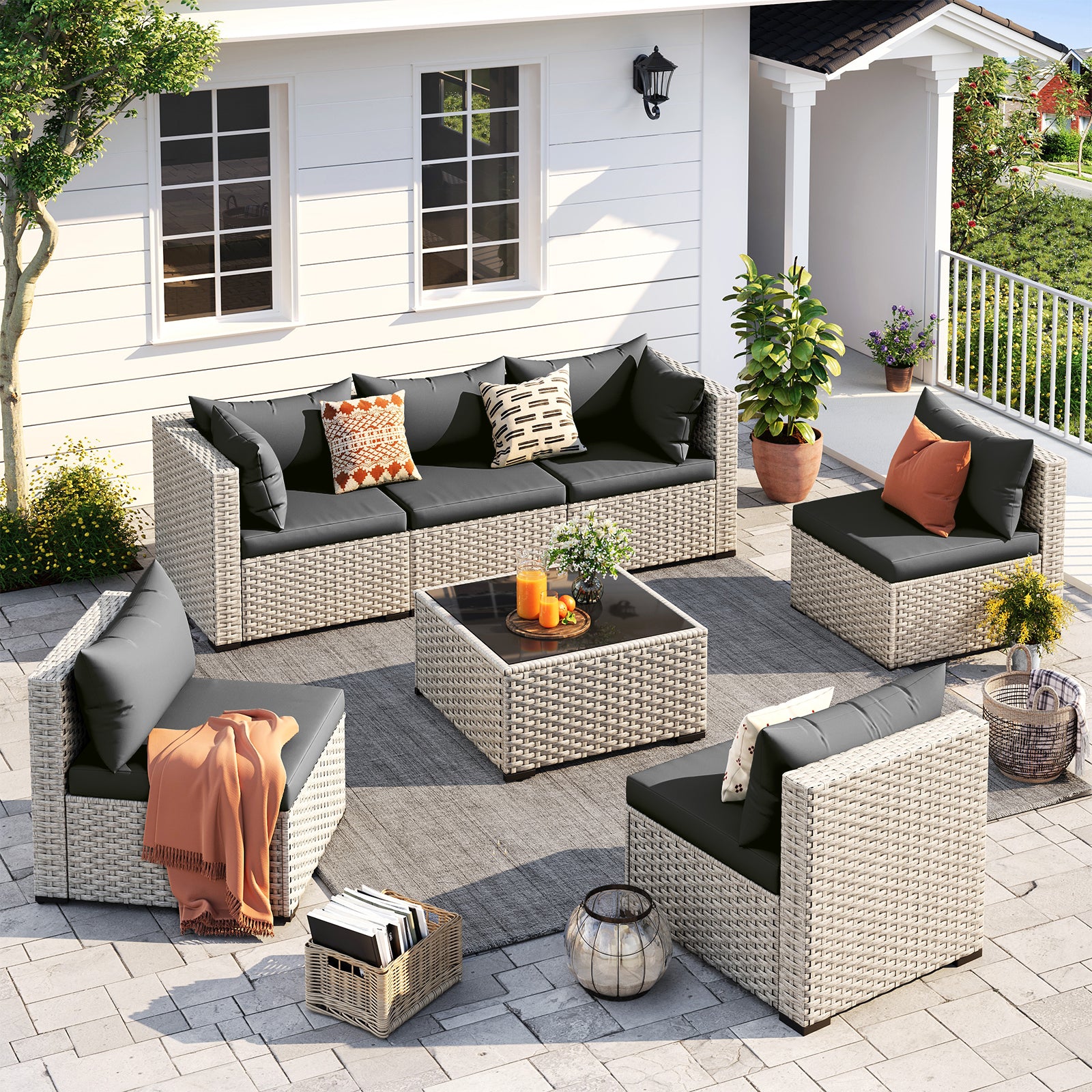 UDPATIO Outdoor Patio Furniture Set, 7-Piece PE Wicker Sectional Sofa with Tea Table, Outdoor Conversation Set for Patio, Garden, Backyard Black