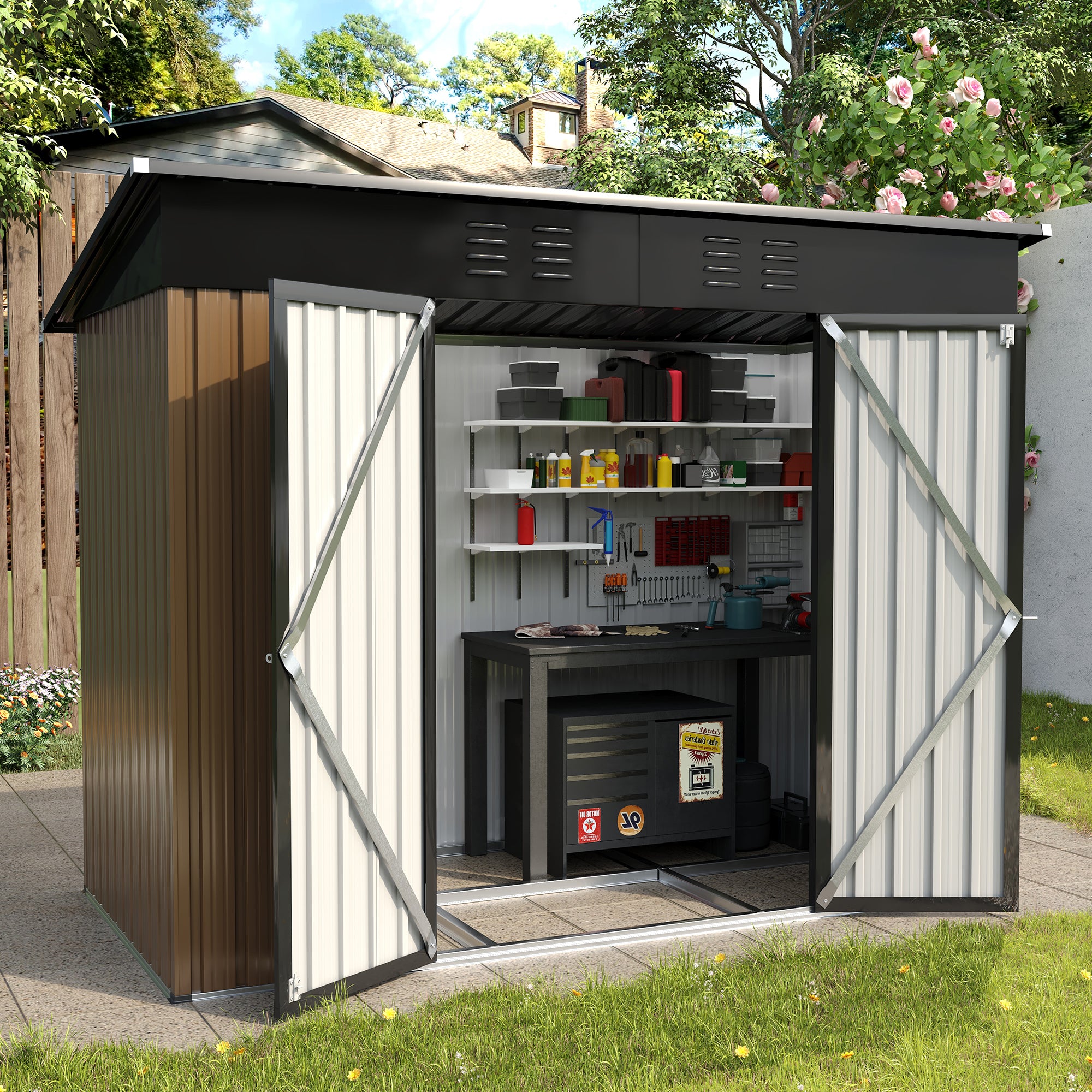 UDPATIO Sheds & Outdoor Storage , 8X4 FT Metal Steel Garage Storage with Sloping Roof & Lockable Door for Bicycle, Tool in Patio Lawn, Garden, Backyard, Brown