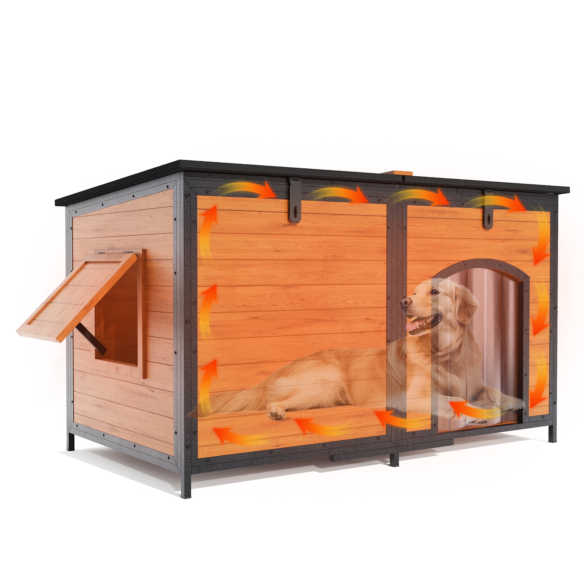 Outdoor Insulated Dog House Weatherproof Dog Kennel Dog Shelter Anti-Chewing Full Iron Frame, Openable Roof for Small to Large Dog Breeds