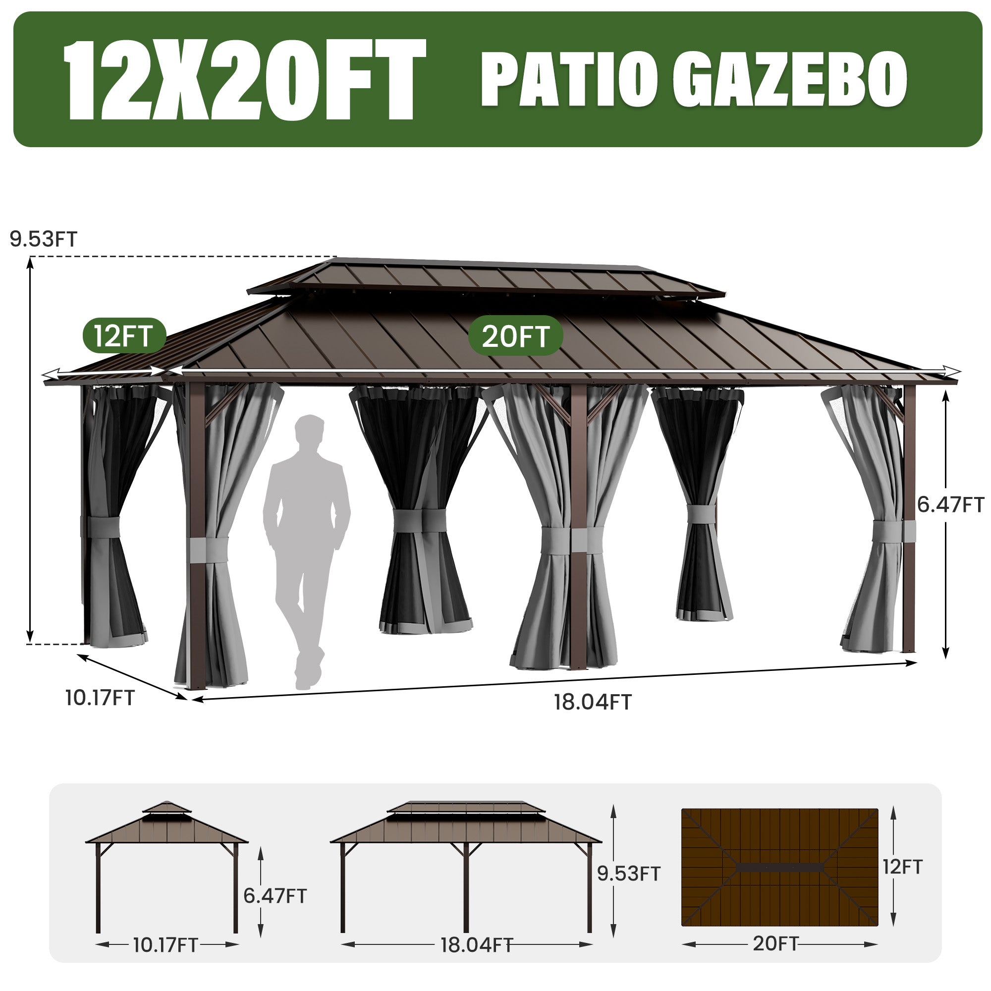 UDPATIO 12x20 Hardtop Gazebo, Aluminum Frame with Double Galvanized Steel Roof, Hard Top Heavy Duty Patio Outdoor Metal Gazebos, Permanent Gazebo with Mosquito Netting and Curtain for Backyard, Gray
