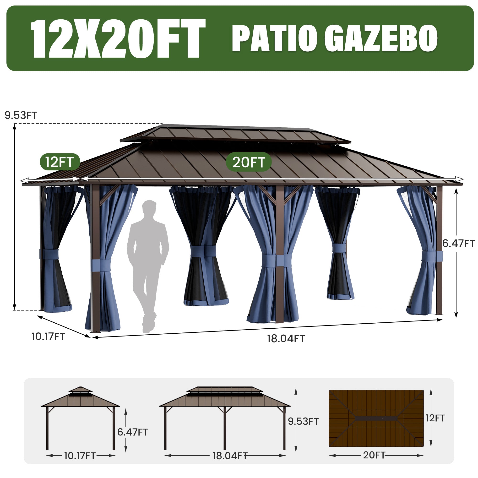 UDPATIO 12x20 Hardtop Gazebo, Aluminum Frame with Double Galvanized Steel Roof, Hard Top Heavy Duty Patio Outdoor Metal Gazebos, Permanent Gazebo with Mosquito Netting and Curtain for Deck, Navy Blue