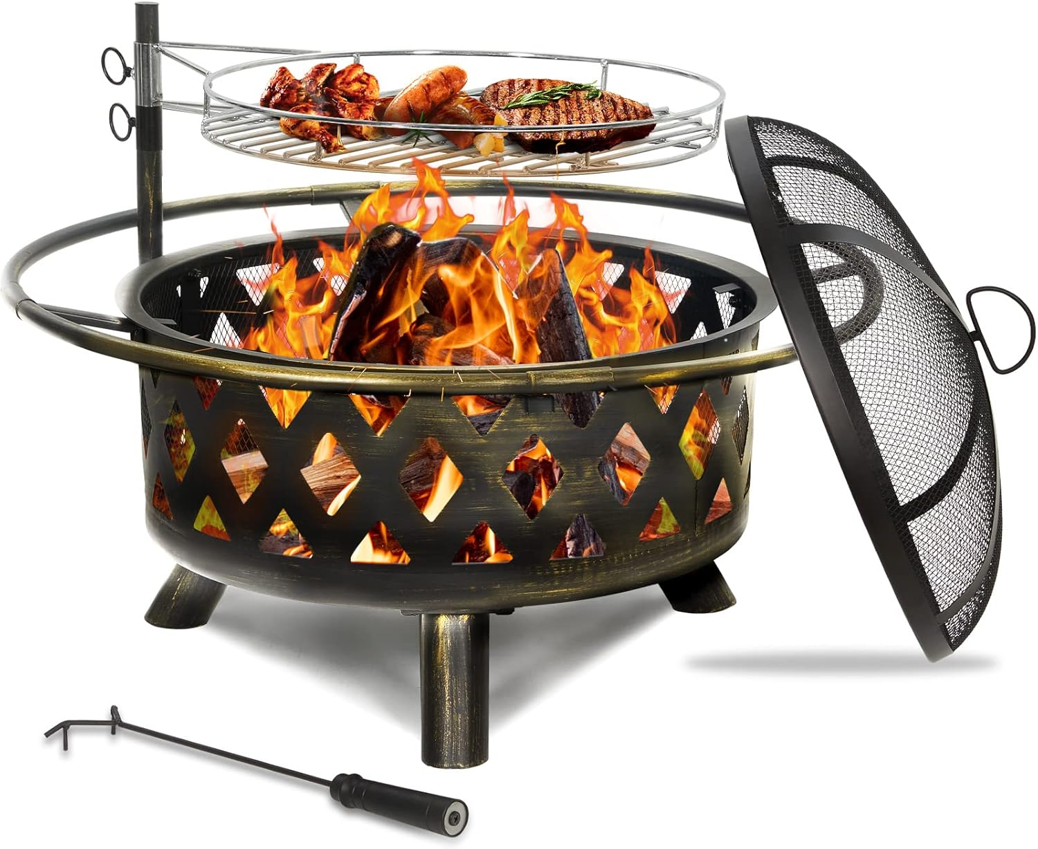 UDPATIO 2 in 1 Outdoor Fire Pit with Grill Cover & Mat, Large 30" Wood Burning FirePits with Swivel Cooking Grate Outdoor Firepit with Spark Cover for Backyard Bonfire Patio Outside Picnic BBQ