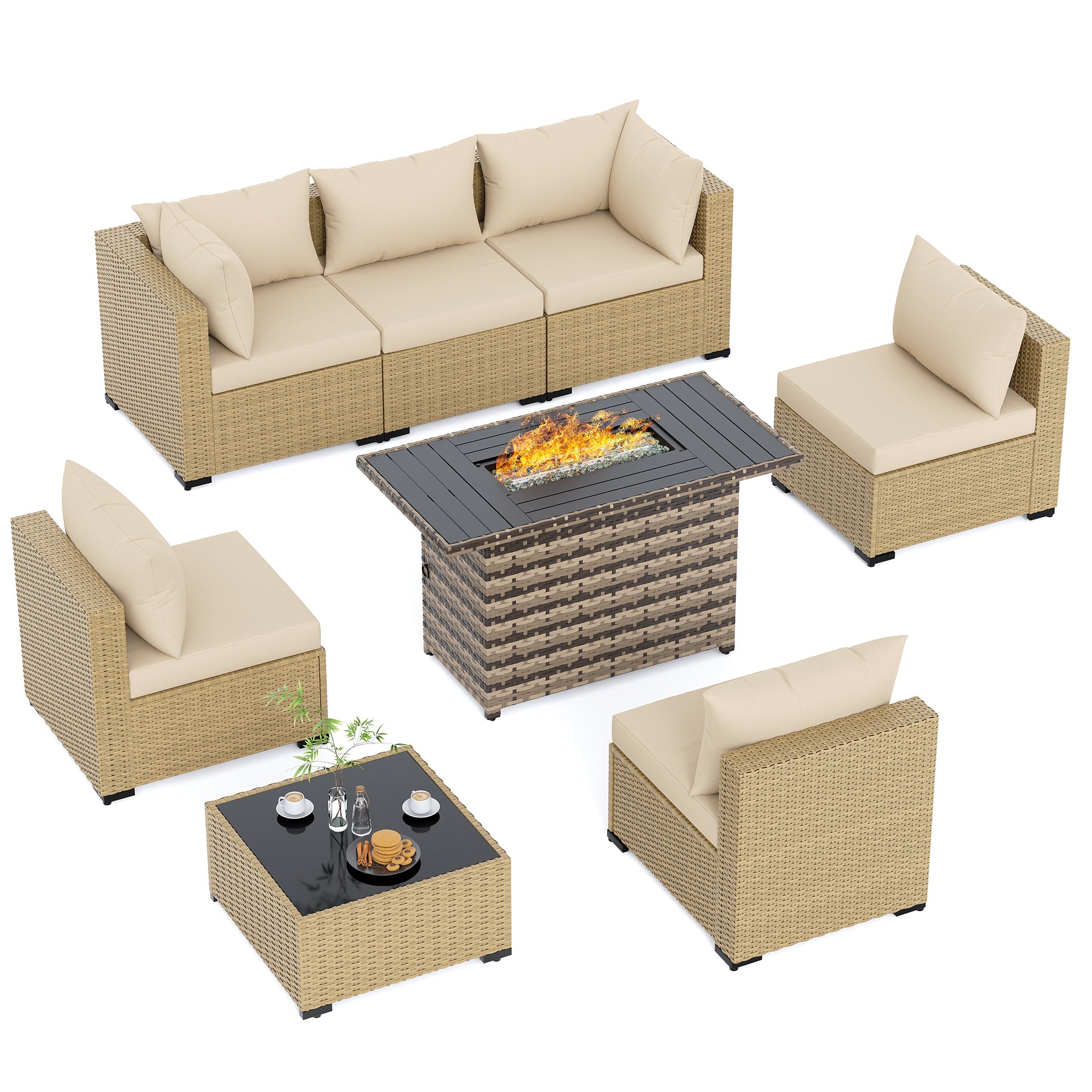 UDPATIO Furniture Set with Fire Pit Table, 8 Piece Sectional Sofas, All-Weather Wicker Conversation for Garden, Backyard, Beige