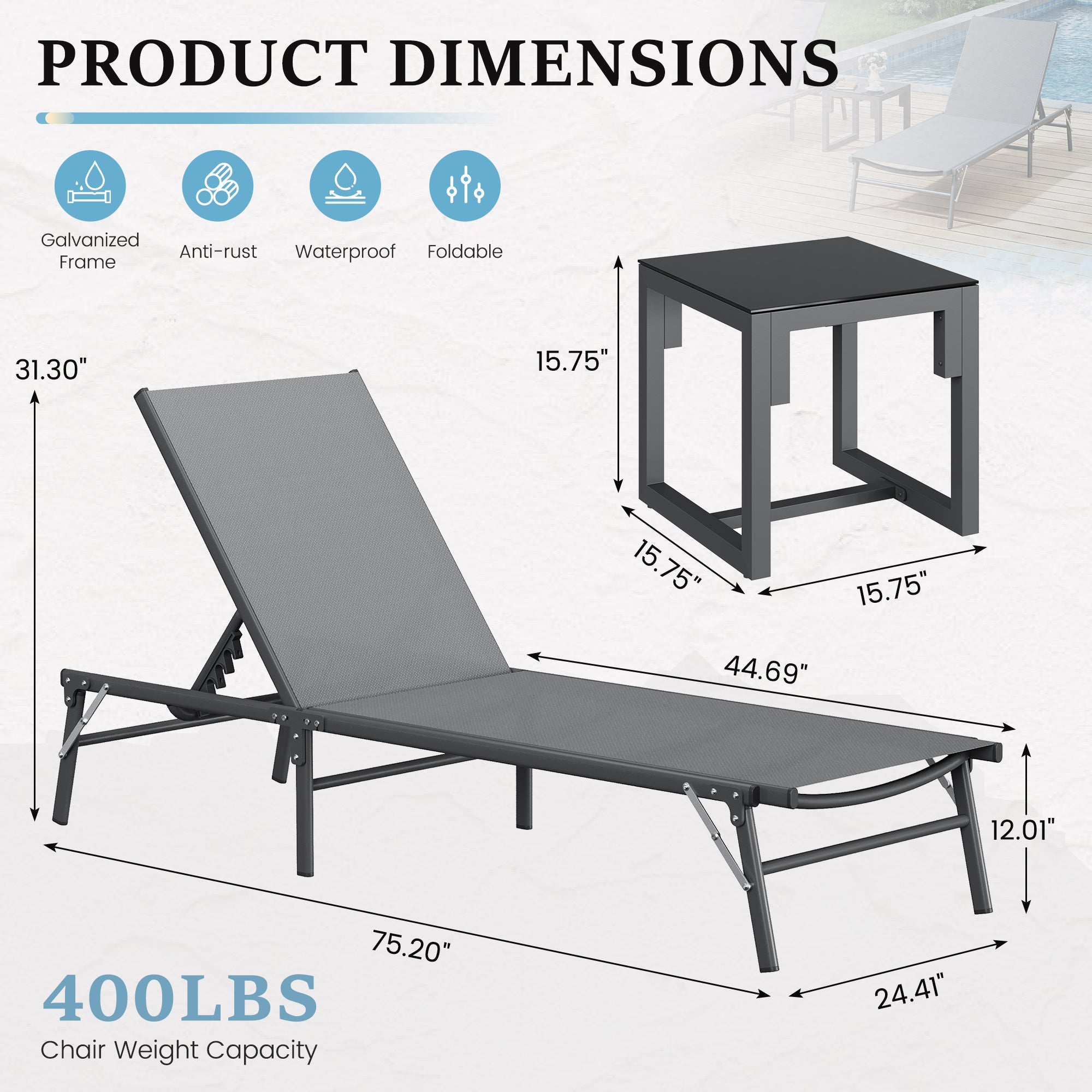 Outdoor Foldable Lounge Chair Set of 2 with Table Pool Lounge Chairs for Outside, Adjustable Lounger for Poolside Lawn Deck Lay Flat Sunbathing Backrest for Patio, Beach, Yard(Grey)