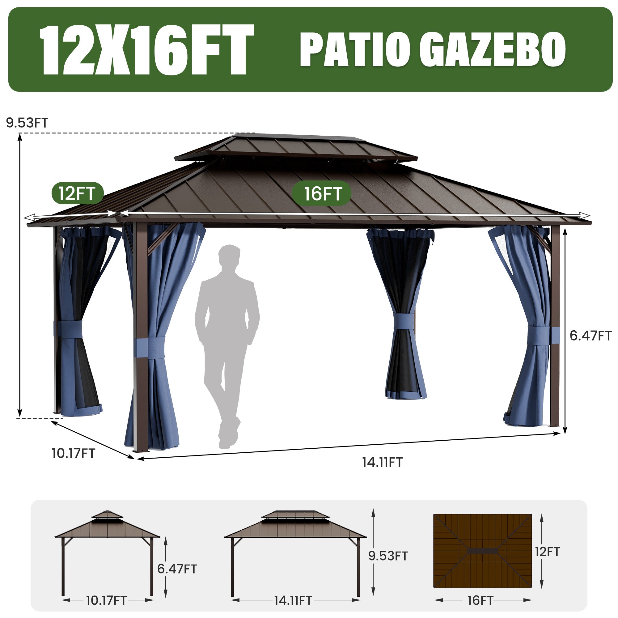 UDPATIO 12x16  Hardtop Gazebo, Aluminum Frame with Double Galvanized Steel Roof, Hard Top Patio Outdoor Metal Gazebos, Permanent Gazebo with Mosquito Netting and Curtain for Backyard, Deck, Navy Blue