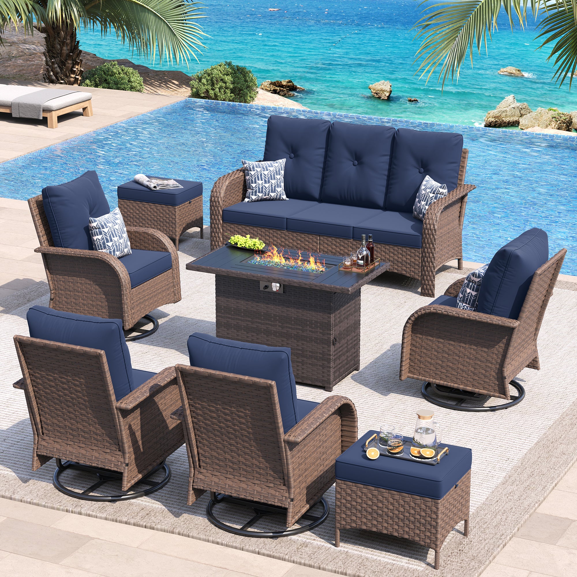 UDPATIO Patio Furniture Set with 44" Fire Pit Table, High Back 4 Swivel Rocker Chairs, Wicker Outdoor Conversation Sets with Thick Cushions & Ottoman, for Garden, Porch