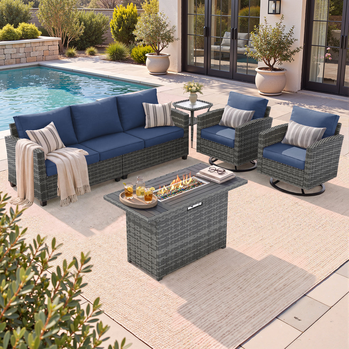 UDPATIO Patio Furniture Set with Swivel Rocking Chair 44" Fire Pit Table