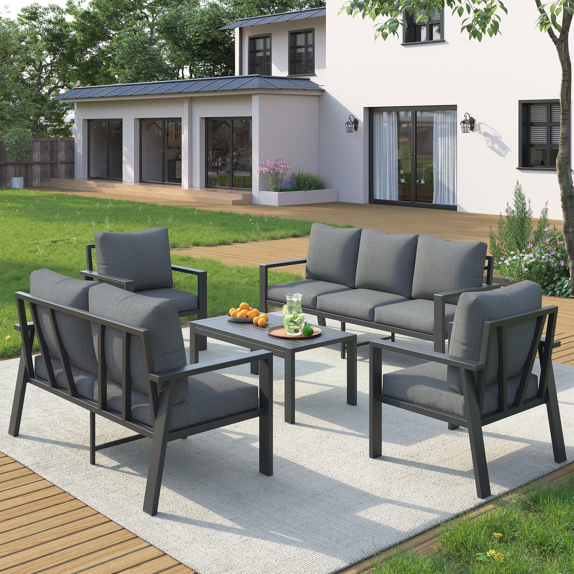 UDPATIO Aluminum Patio Furniture Set, 5 Pieces Sectional Metal Conversation Sofa Modern Seating Set with Coffee Table for Outdoor Garden Backyard, Dark Grey