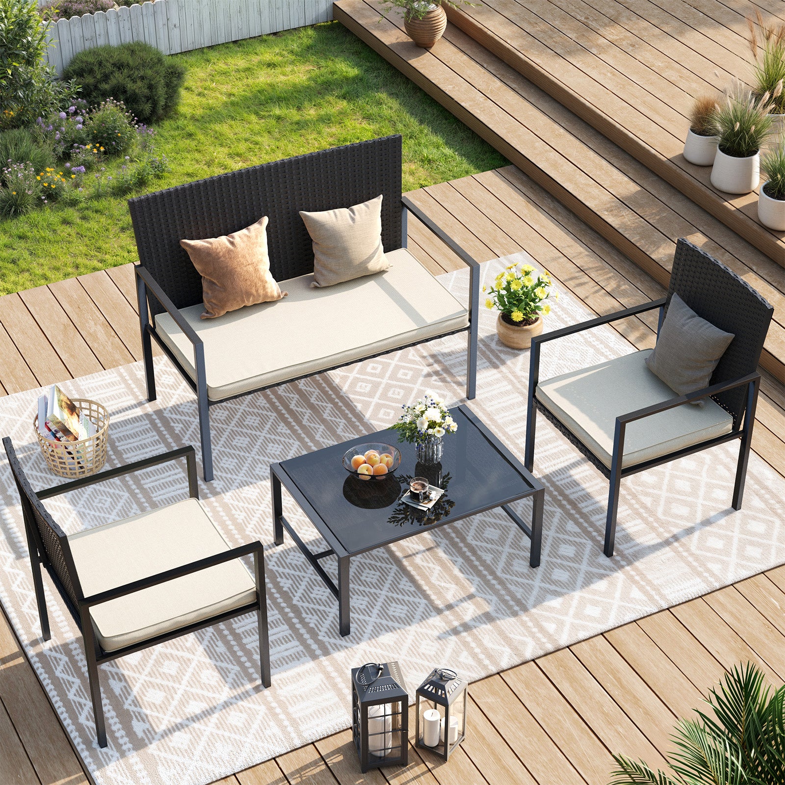 UDPATIO 4 Piece Patio Furniture Sets, Outdoor Conversation Sets of 4, 4 Pieces Wicker Patio Furniture Set with Coffee Table, Blue