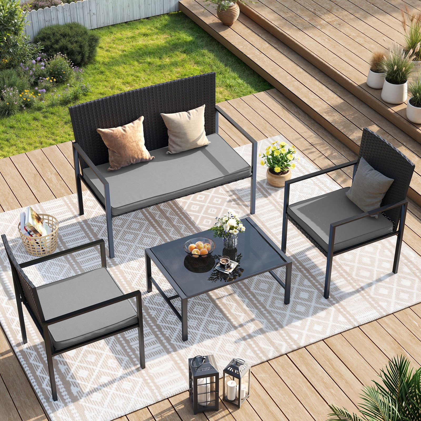 UDPATIO 4 Piece Patio Furniture Sets, Outdoor Conversation Sets of 4, 4 Pieces Wicker Patio Furniture Set with Coffee Table, Gray
