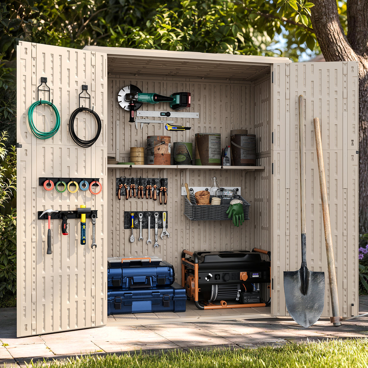 UPPATIO 61 Cu.Ft Outdoor Storage Shed,Vertical Resin Sheds with Shelf,Beige