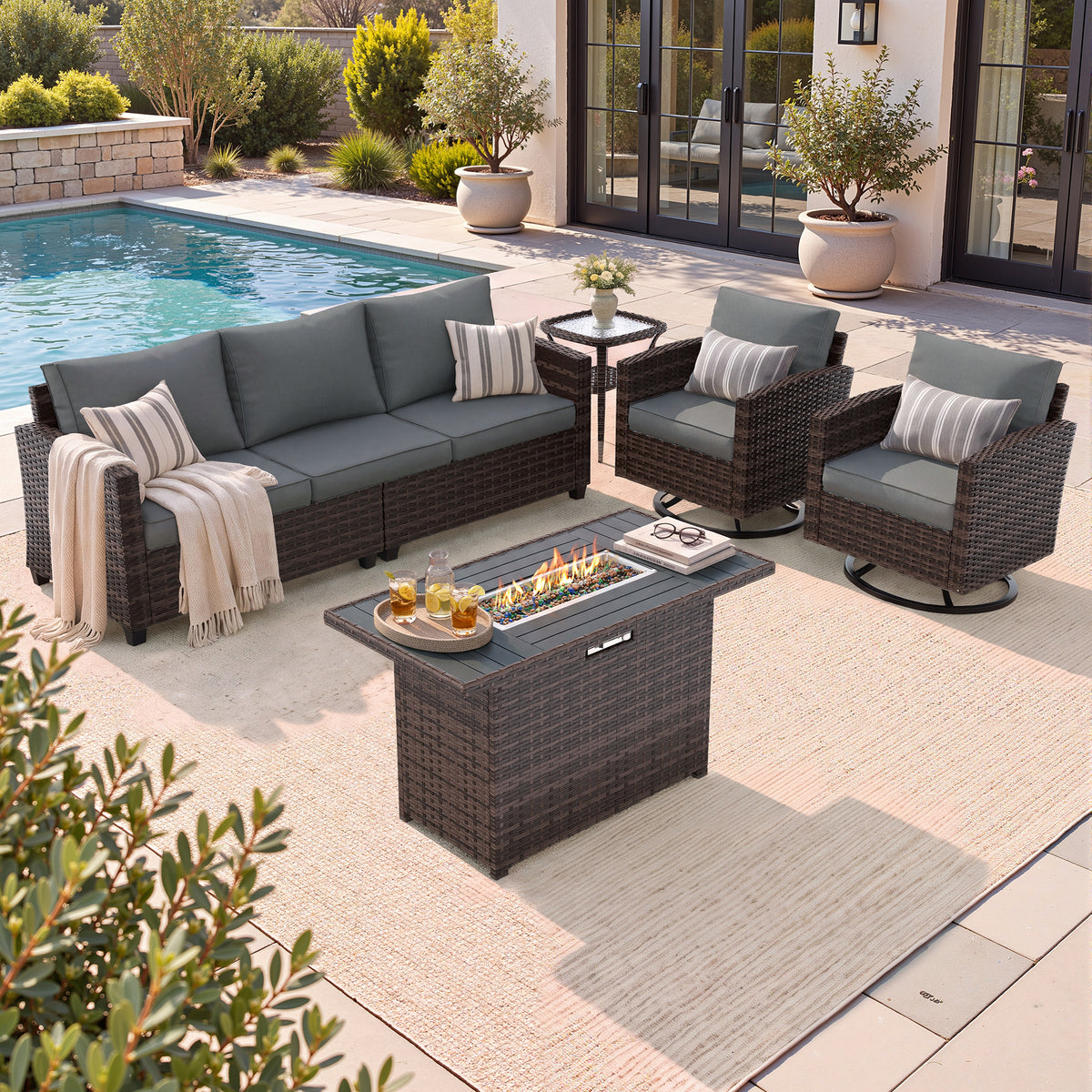 UDPATIO Patio Furniture Set with Swivel Rocking Chair 44" Fire Pit Table