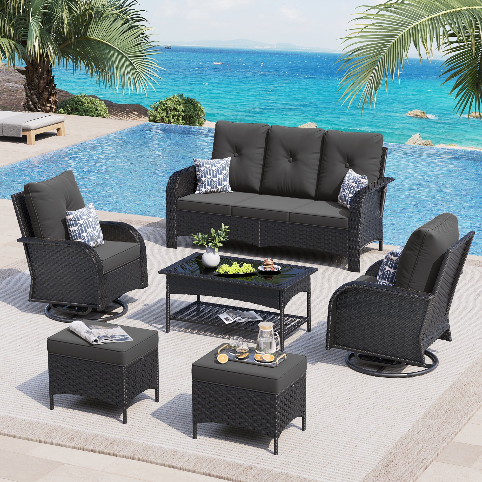 UDPATIO High Back Patio Furniture Set with 2 Swivel Rocker Chairs, Wicker outdoor Conversation Sets with Thick Cushions & Ottoman, for Garden, Porch