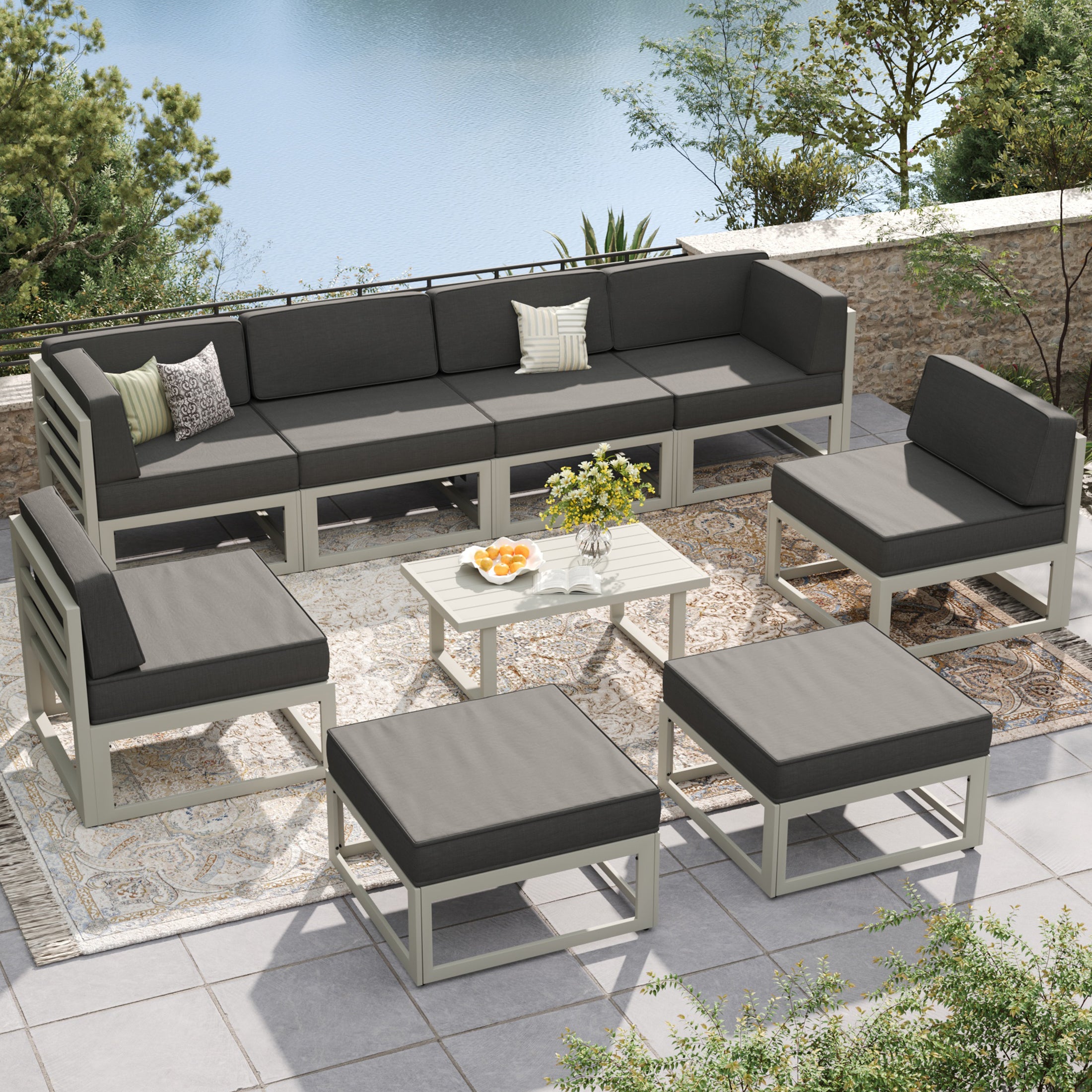 UDPATIO Aluminum Patio Furniture, Metal Patio Conversation Set with Waterproof Cover, 5 Inch Thick Cushions , Modern Outdoor Furniture for Deck & Backyard, Light Gray