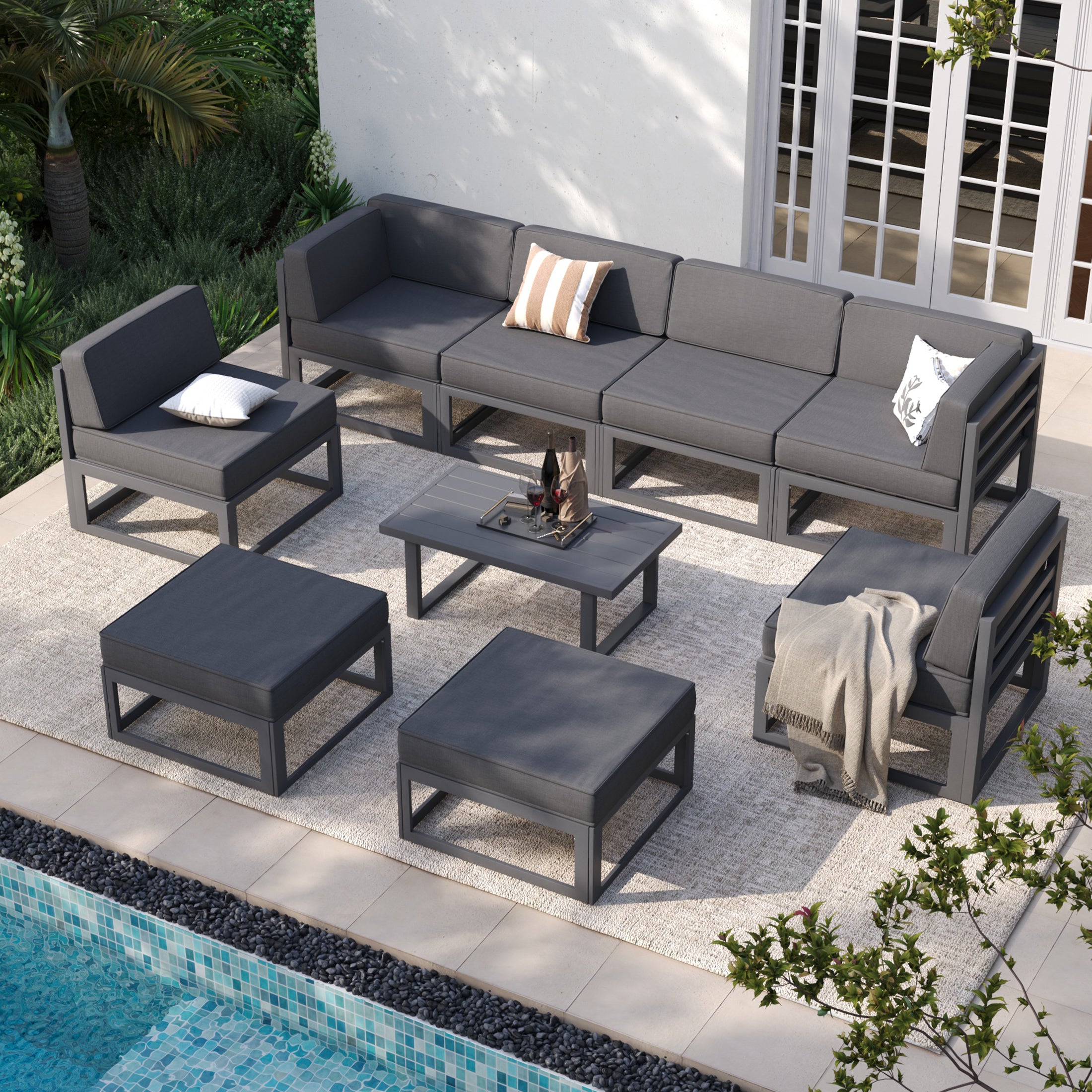 UDPATIO Aluminum Patio Furniture, Metal Patio Conversation Set with Waterproof Cover, 5 Inch Thick Cushions , Modern Outdoor Furniture for Deck & Backyard, Dark Gray