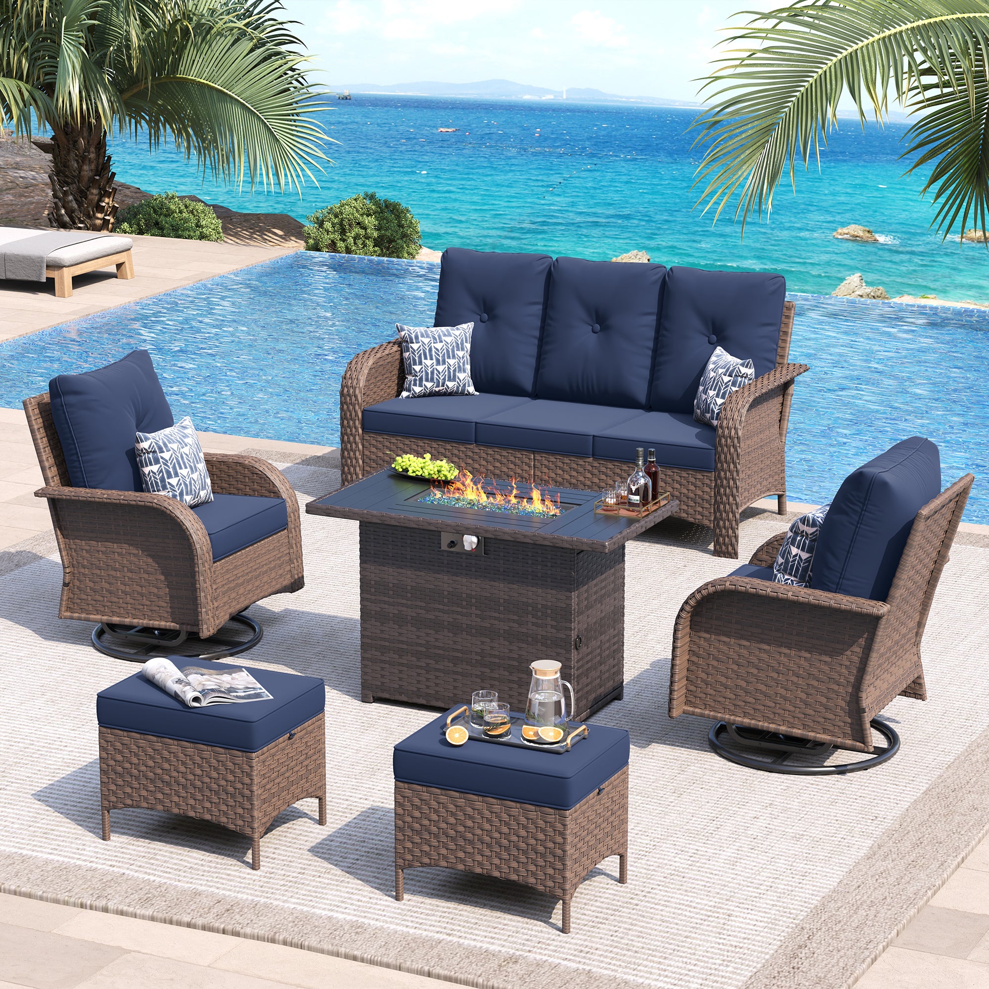 UDPATIO Patio Furniture Set with 44" Fire Pit Table, High Back 2 Swivel Rocker Chairs, Wicker Outdoor Conversation Sets with Thick Cushions & Ottoman, for Garden, Porch