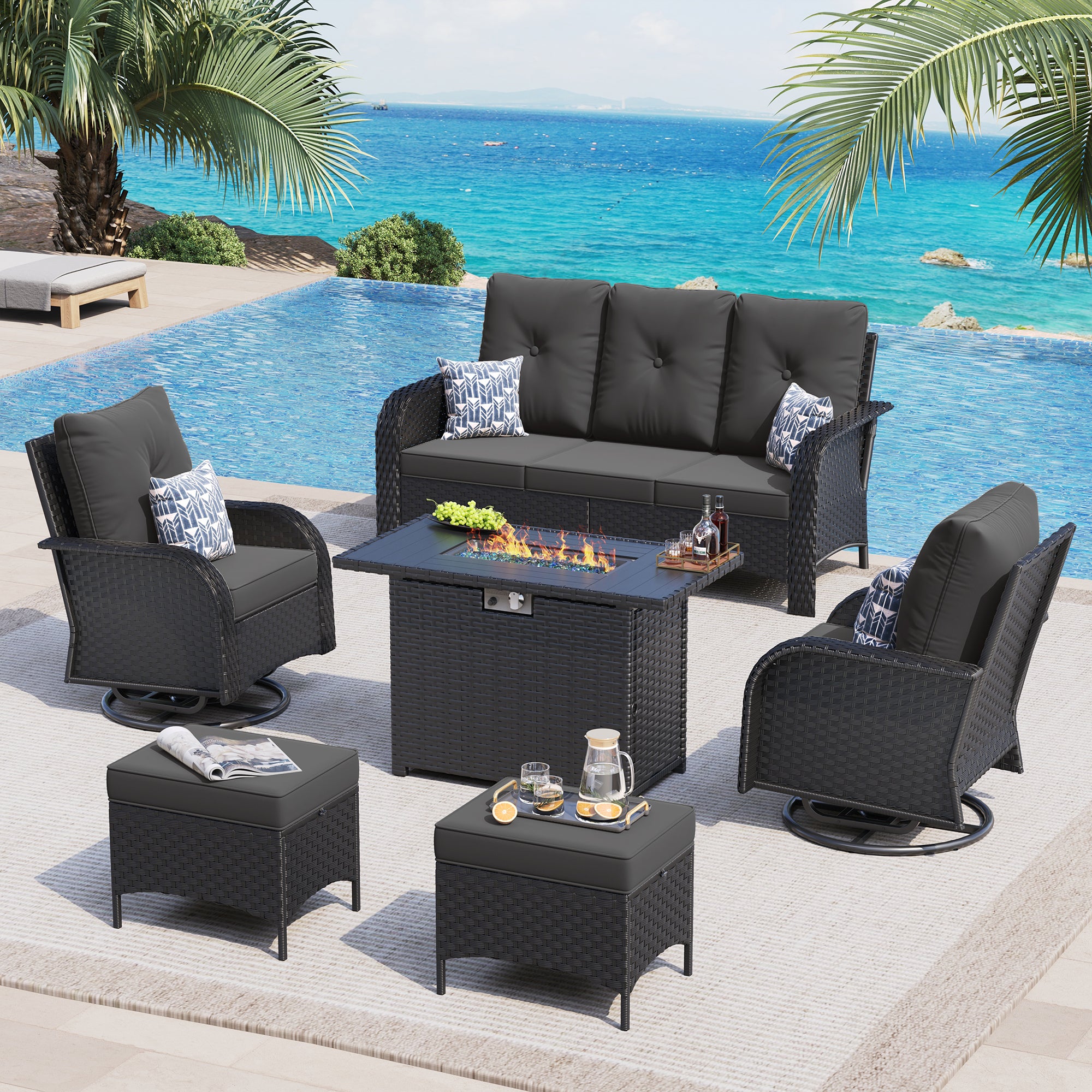 UDPATIO Patio Furniture Set with 44" Fire Pit Table, High Back 2 Swivel Rocker Chairs, Wicker Outdoor Conversation Sets with Thick Cushions & Ottoman, for Garden, Porch