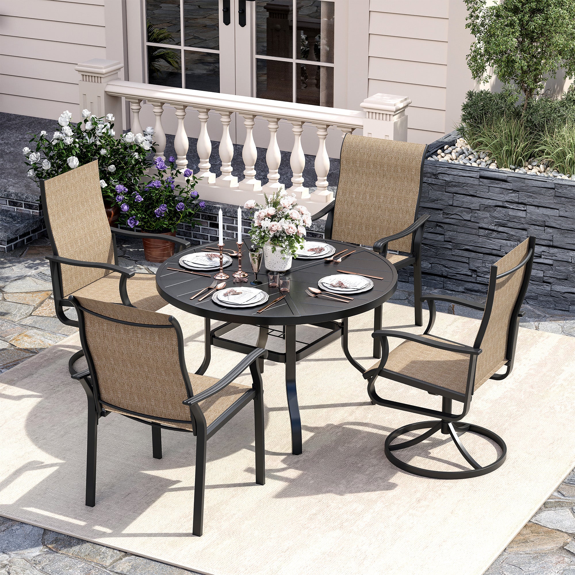 UDPATIO 5 Piece Patio Dining Set for 4, Patio Outdoor Table and Chairs, 39" Black Round Table with Umbrella Hole, Brown Patio Chairs, Patio Dining Set Outdoor Dining Set for Lawn, Backyard, Deck