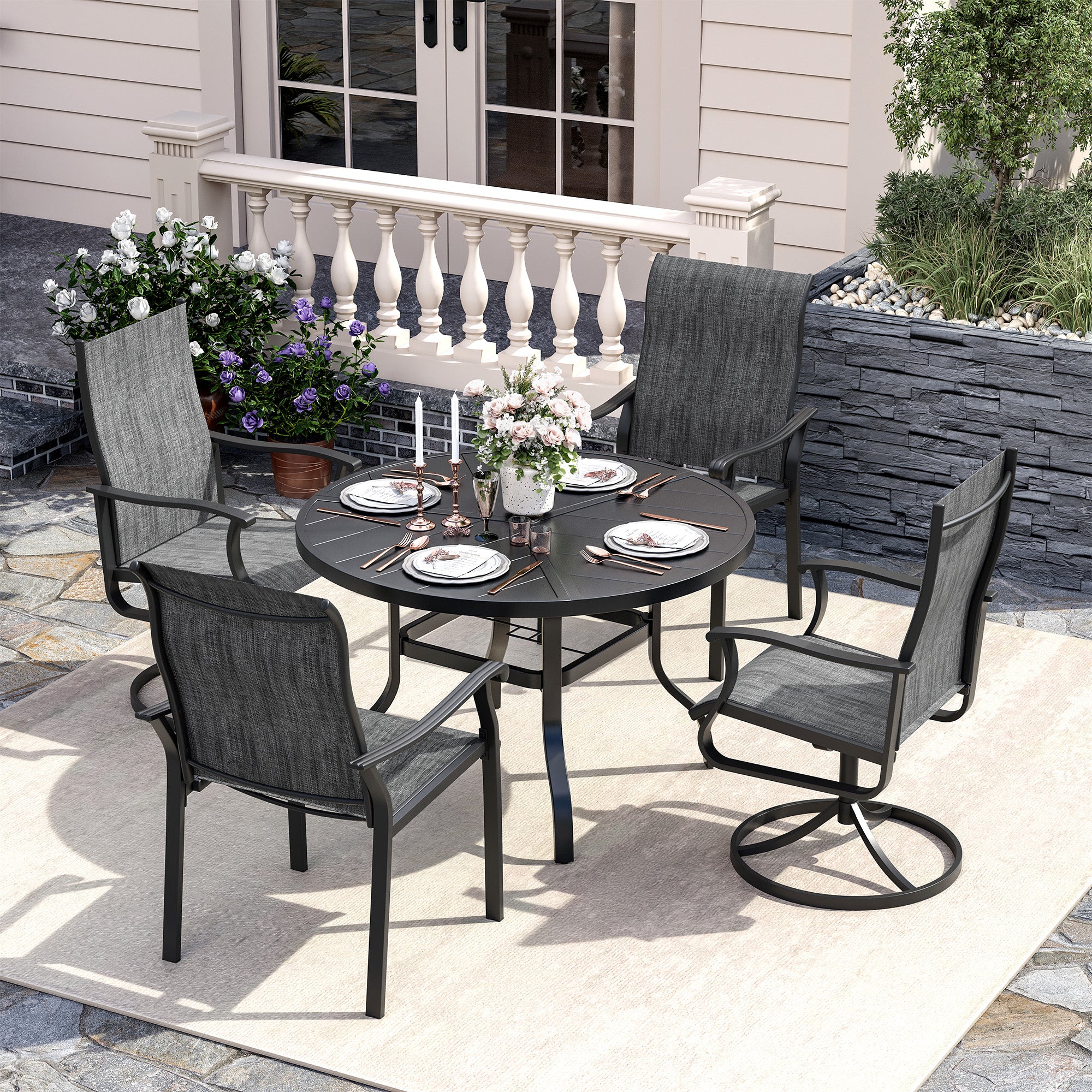 UDPATIO 5 Piece Patio Dining Set for 4, Patio Outdoor Table and Chairs, 39" Black Round Table with Umbrella Hole, Gray Patio Chairs, Patio Dining Set Outdoor Dining Set for Lawn, Backyard, Deck