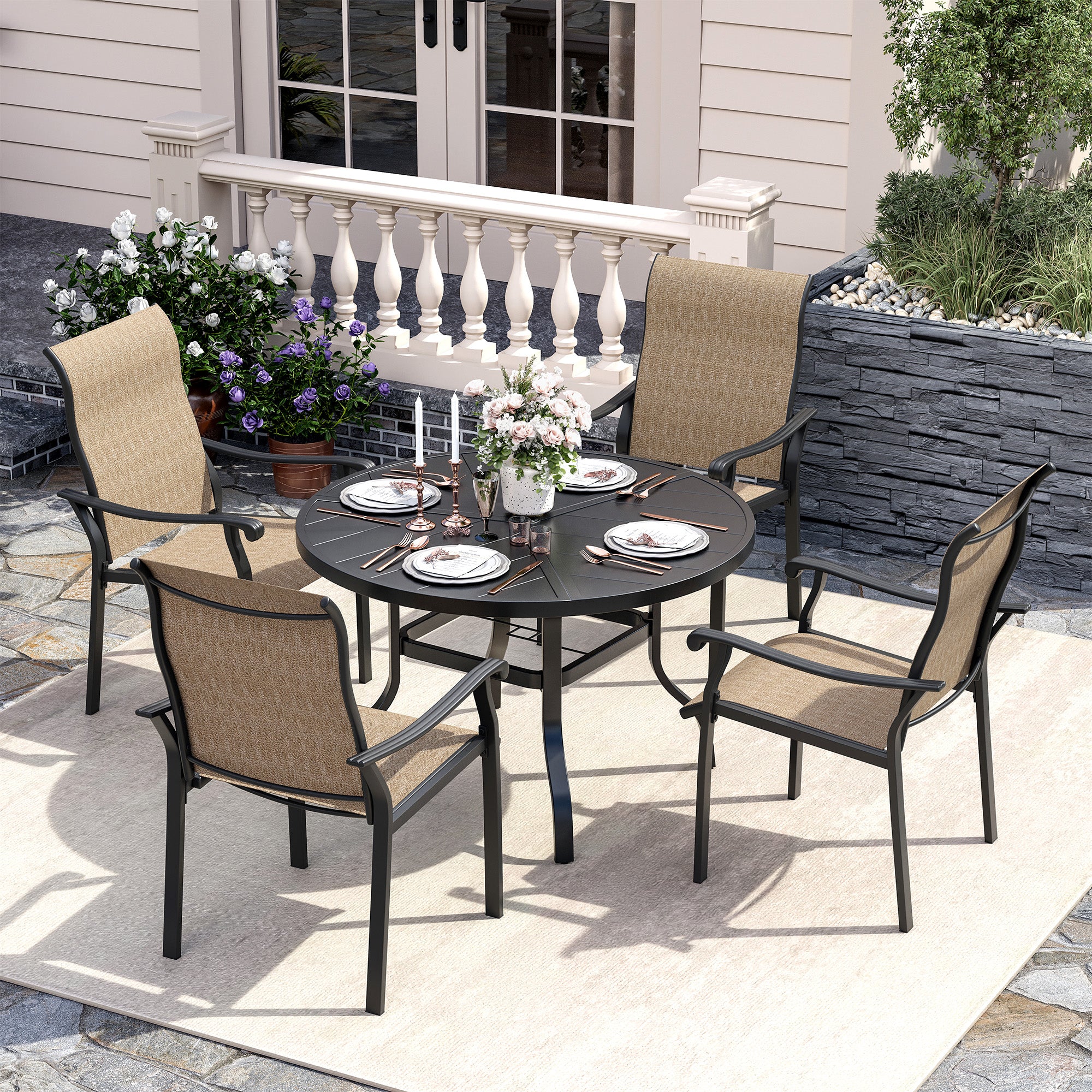 UDPATIO 5 Piece Patio Dining Set for 4, Patio Outdoor Table and Chairs, 39" Black Round Table with Umbrella Hole, Brown Patio Chairs, Patio Dining Set Outdoor Dining Set for Lawn, Backyard, Deck
