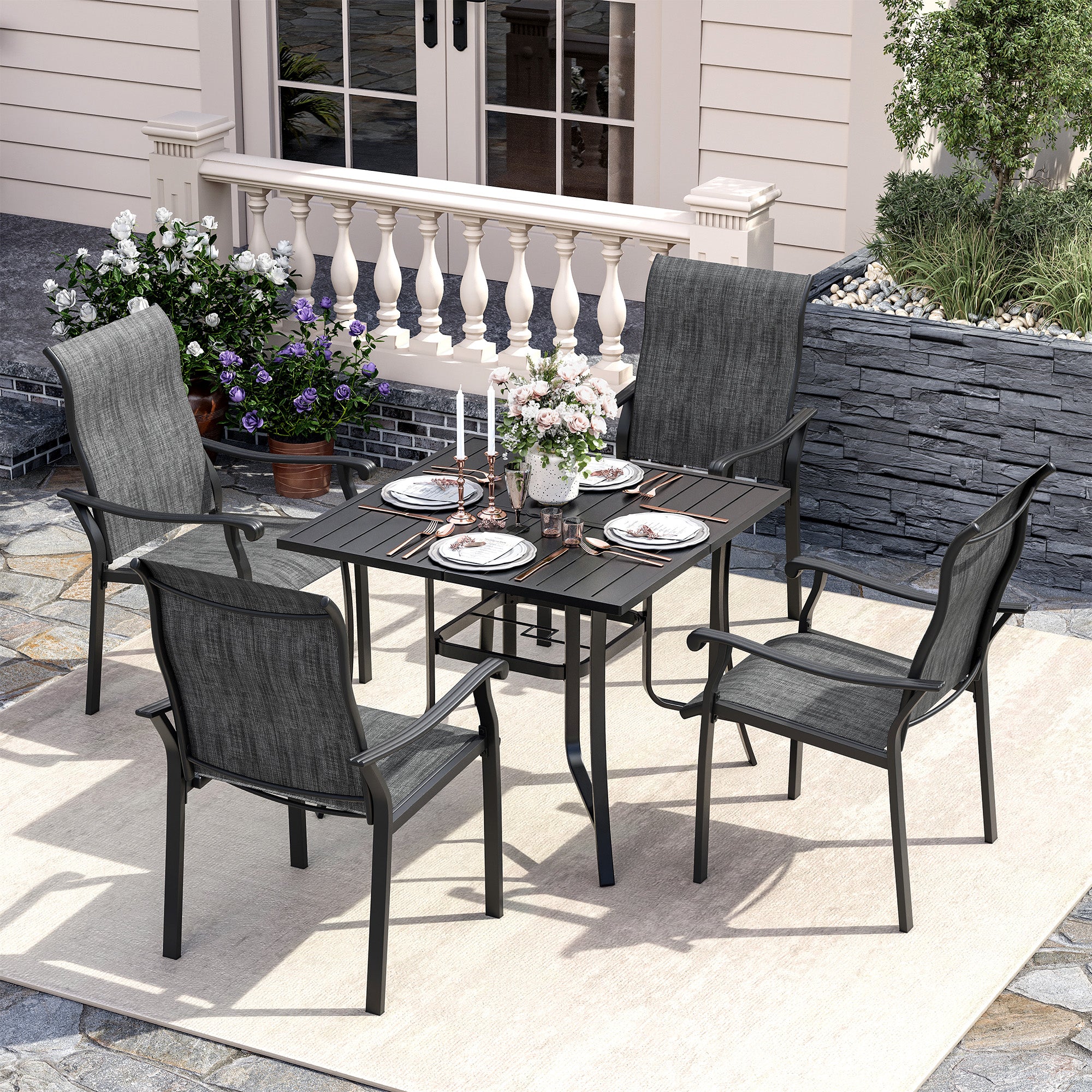 UDPATIO 5 Piece Patio Dining Set for 4, 37" Black Square Table with Umbrella Hole, Metal Gray Patio Chairs Set of 4, Patio Outdoor Table and Chair Set, Outside Dining Set for Lawn, Backyard