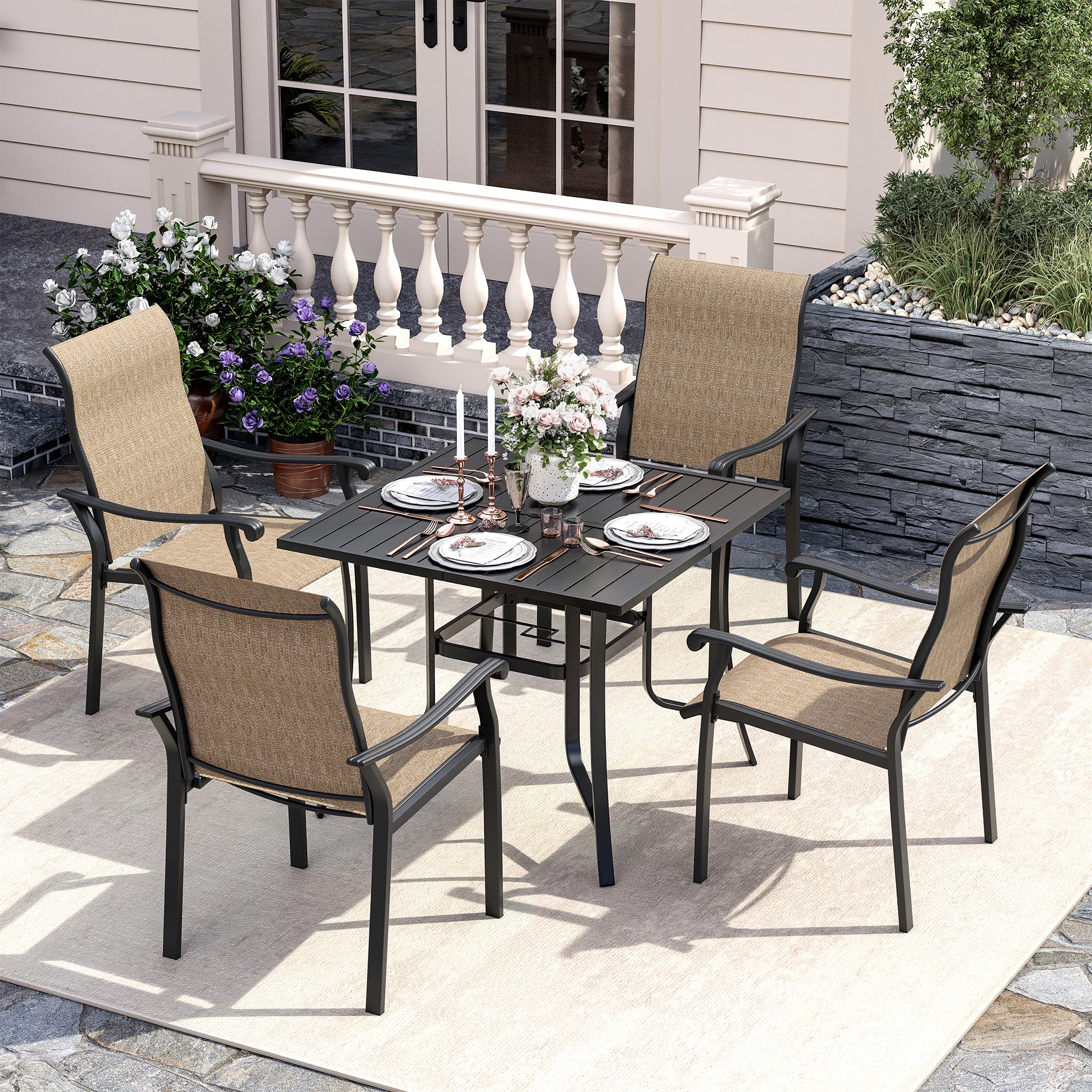 UDPATIO 5 Piece Patio Dining Set for 4, 37" Black Square Table with Umbrella Hole, Metal Brown Patio Chairs Set of 6, Patio Outdoor Table and Chair Set, Outside Dining Set for Lawn, Backyard