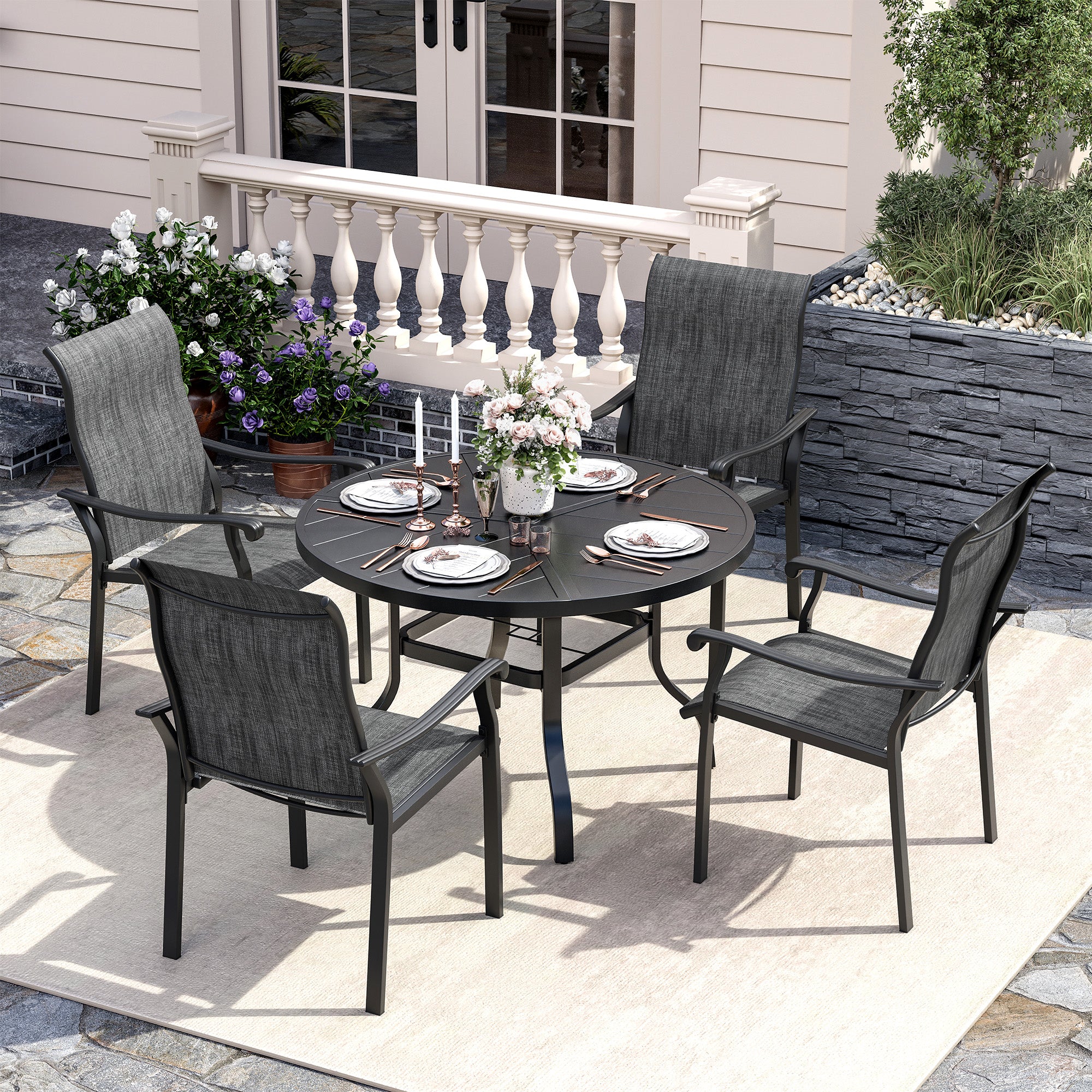 UDPATIO 5 Piece Patio Dining Set for 4, Patio Outdoor Table and Chairs, 39" Black Round Table with Umbrella Hole, Gray Patio Chairs, Patio Dining Set Outdoor Dining Set for Lawn, Backyard, Deck