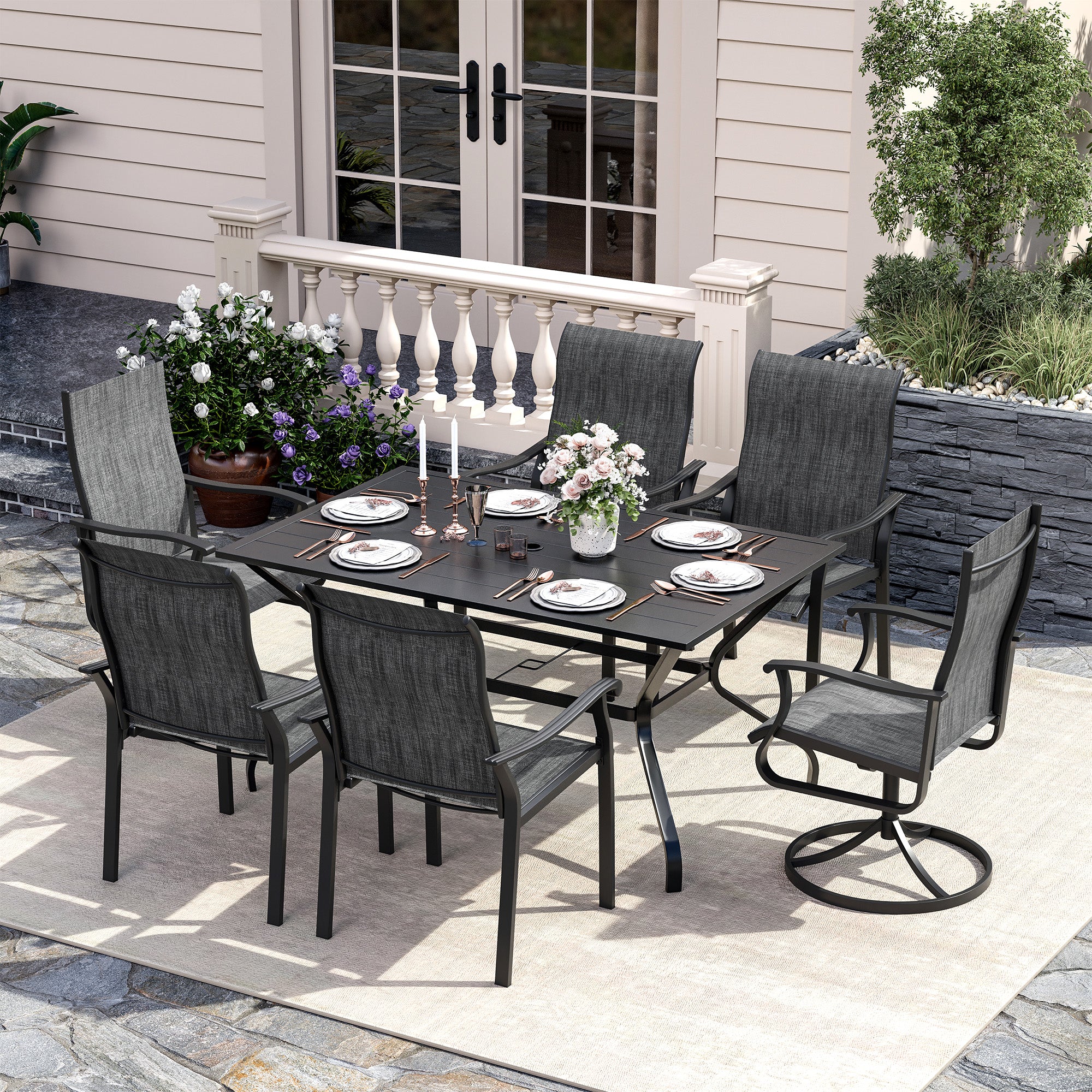 UDPATIO 7 Piece Patio Dining Set for 6, Patio Outdoor Table and Chairs, 59"×38" Black Table with Umbrella Hole, Gray Patio Chairs Set of 6, Patio Outdoor Dining Set for Lawn, Backyard, Deck