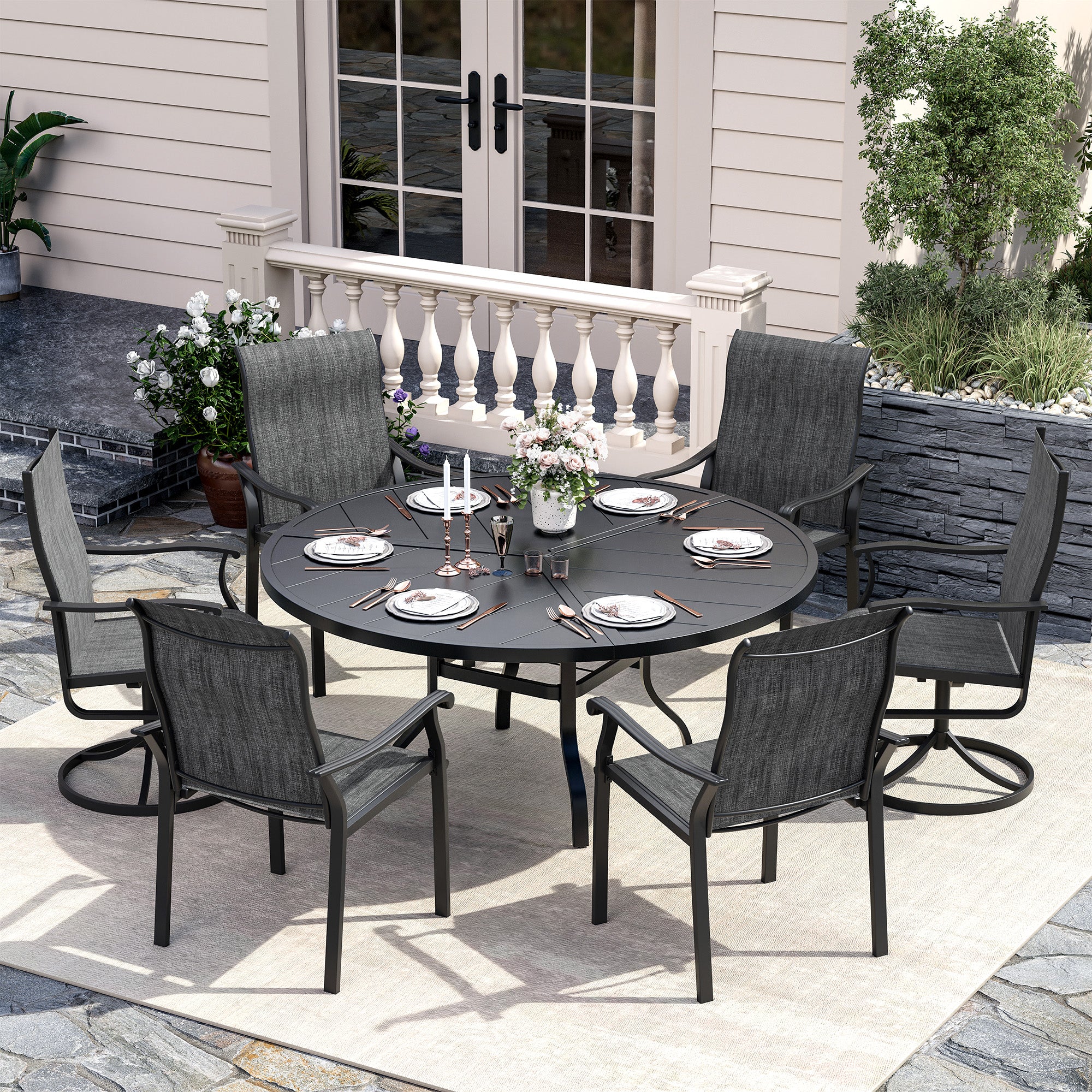 UDPATIO 7 Piece Patio Dining Set for 6, Patio Outdoor Table and Chairs, 51" Black Round Table with Umbrella Hole, Gray Patio Chairs, Patio Dining Set Outdoor Dining Set for Lawn, Backyard, Deck