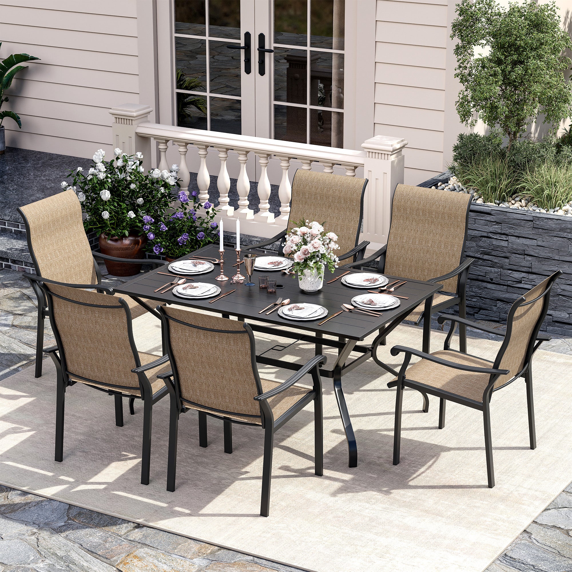 UDPATIO 7 Piece Patio Dining Set for 6, Patio Outdoor Table and Chairs, 59"×38" Black Table with Umbrella Hole, Brown Patio Chairs, Patio Outdoor Dining Set for Lawn, Backyard, Deck