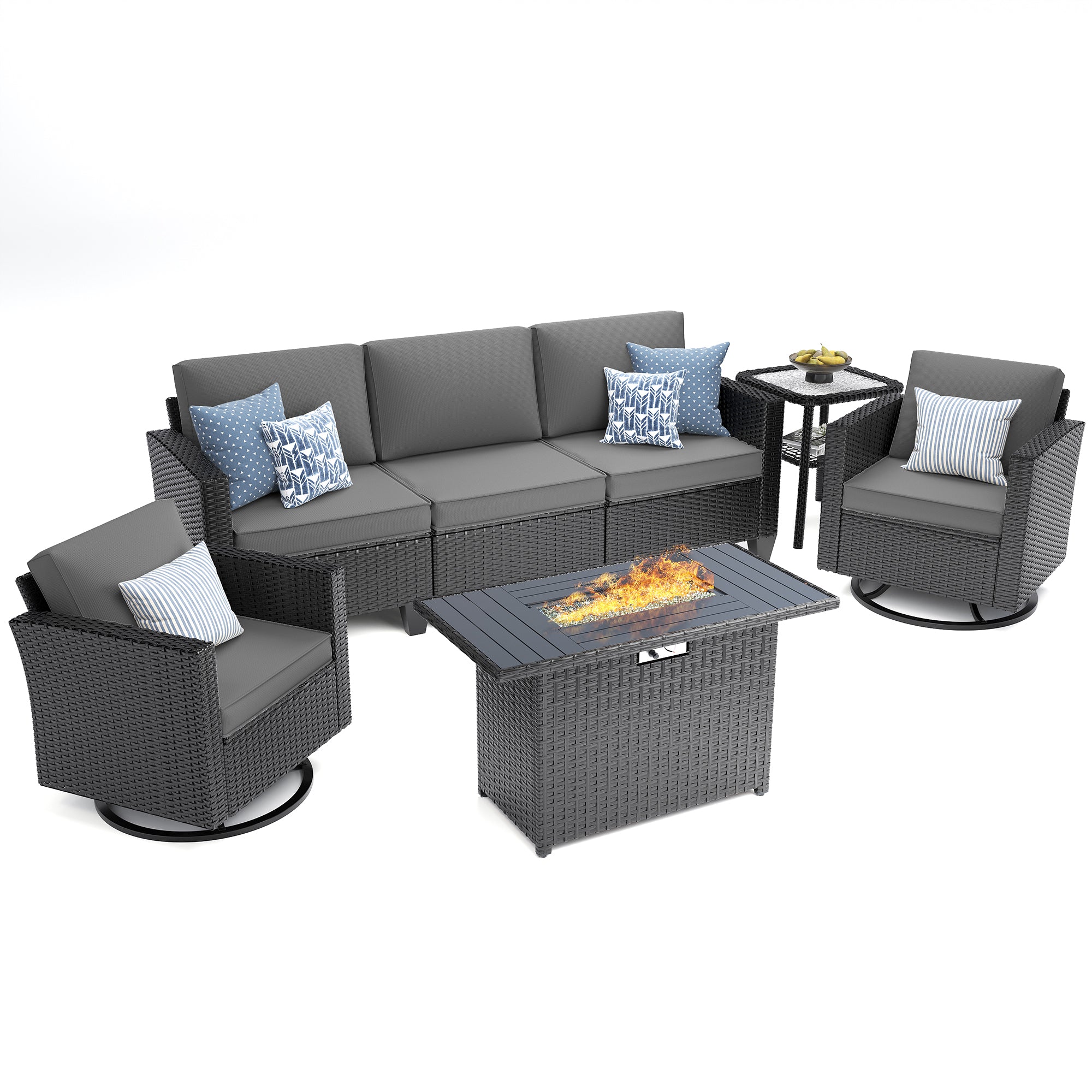 UDPATIO Patio Furniture Set with Fire Pit Table, Rocking Swivel Chairs, 5 Pieces Outdoor Furniture Sets, All-Weather Wicker Outdoor Sectional Sofa with Waterproof Cover, 4'' Thickened Cushion, Grey