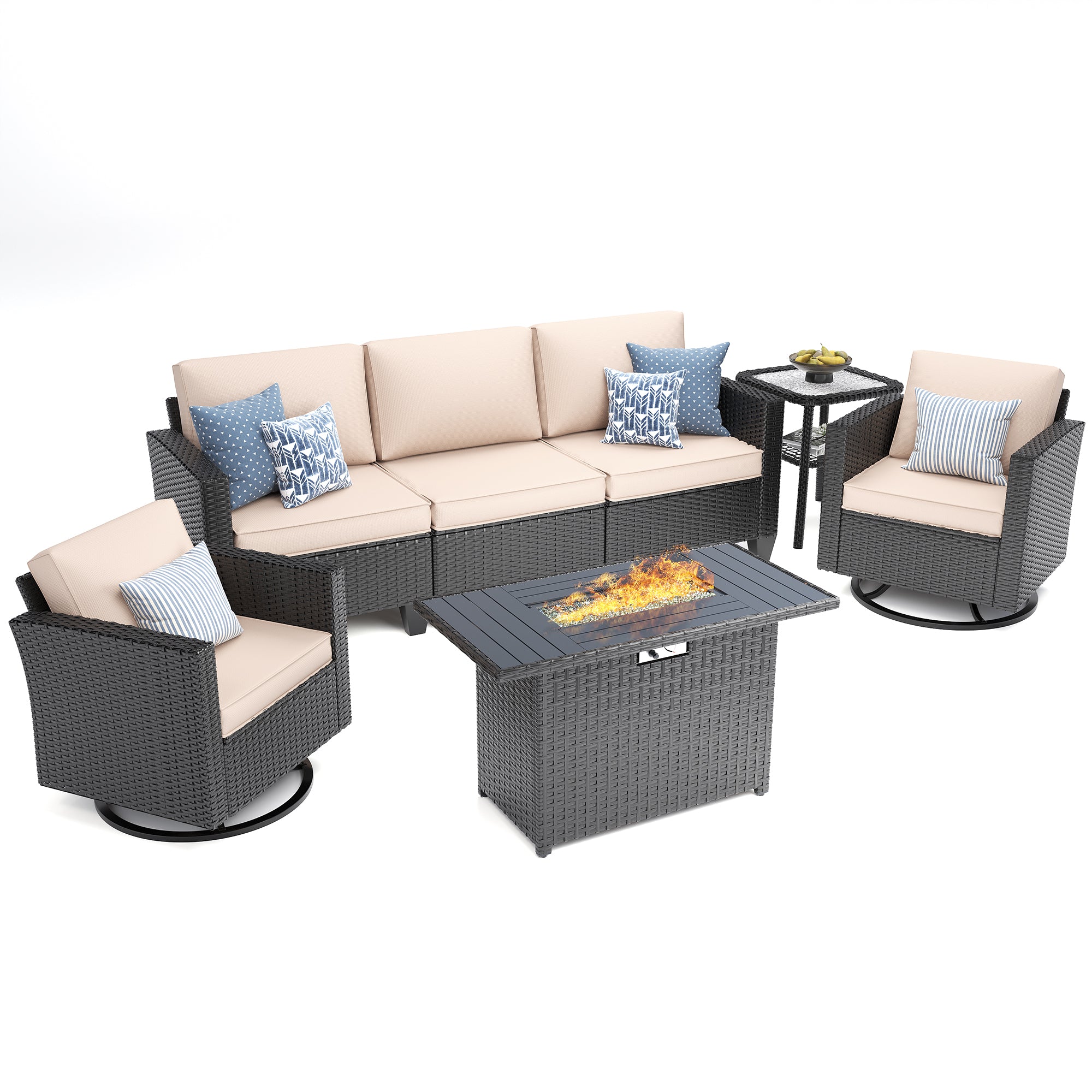 UDPATIO Patio Furniture Set with Fire Pit Table, Rocking Swivel Chairs, 5 Pieces Outdoor Furniture Sets, All-Weather Wicker Outdoor Sectional Sofa with Waterproof Cover, 4'' Thickened Cushion, Khak