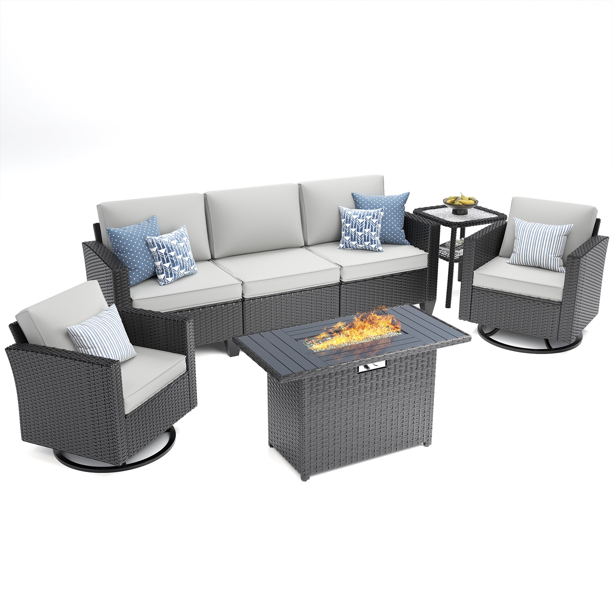 UDPATIO Patio Furniture Set with Fire Pit Table, Rocking Swivel Chairs, 5 Pieces Outdoor Furniture Sets, All-Weather Wicker Outdoor Sectional Sofa with Cover, 4'' Thickened Cushion, Light Grey