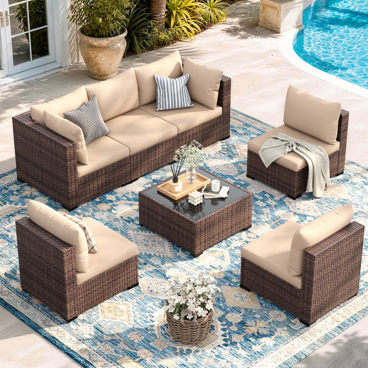 UDPATIO Patio Furniture Set Outdoor Sectional Sofa 7-Piece Conversation Set, Khaki