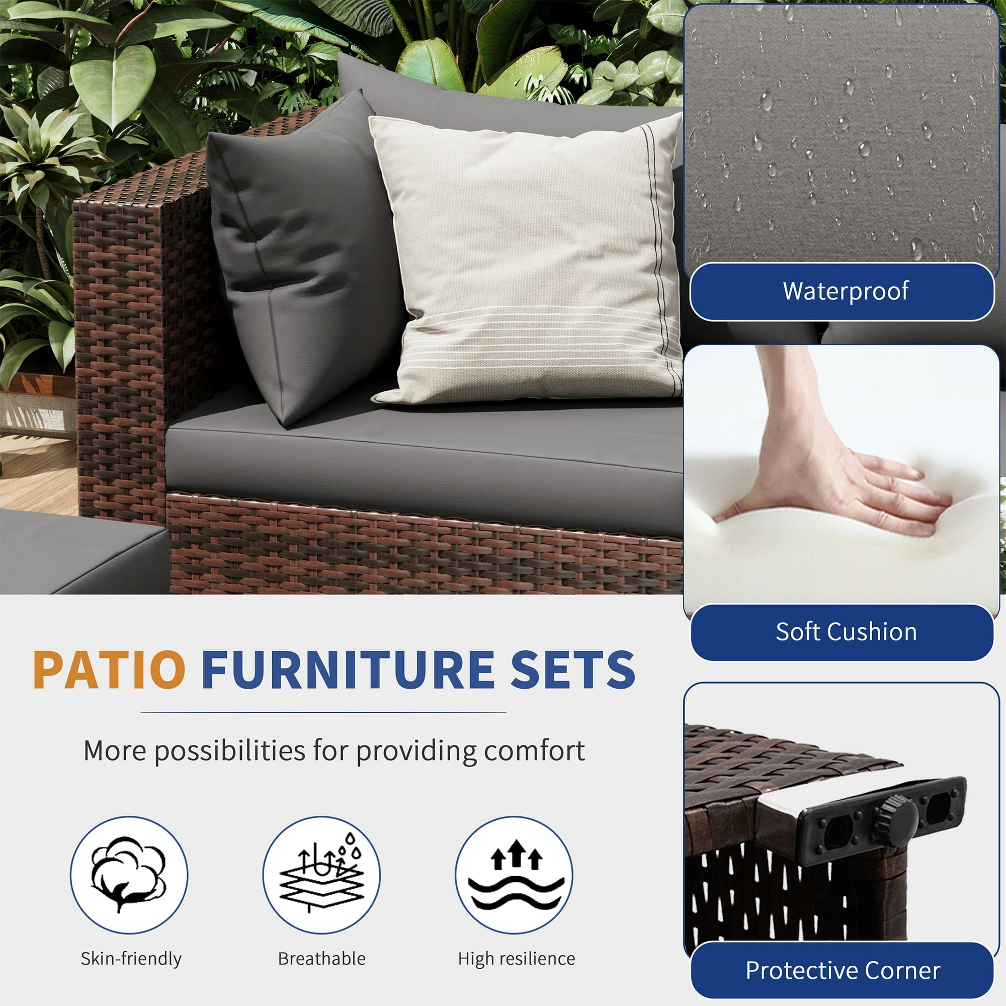 UDPATIO 7-Piece Rattan Outdoor Conversation Set with Glass Coffee Table, Grey