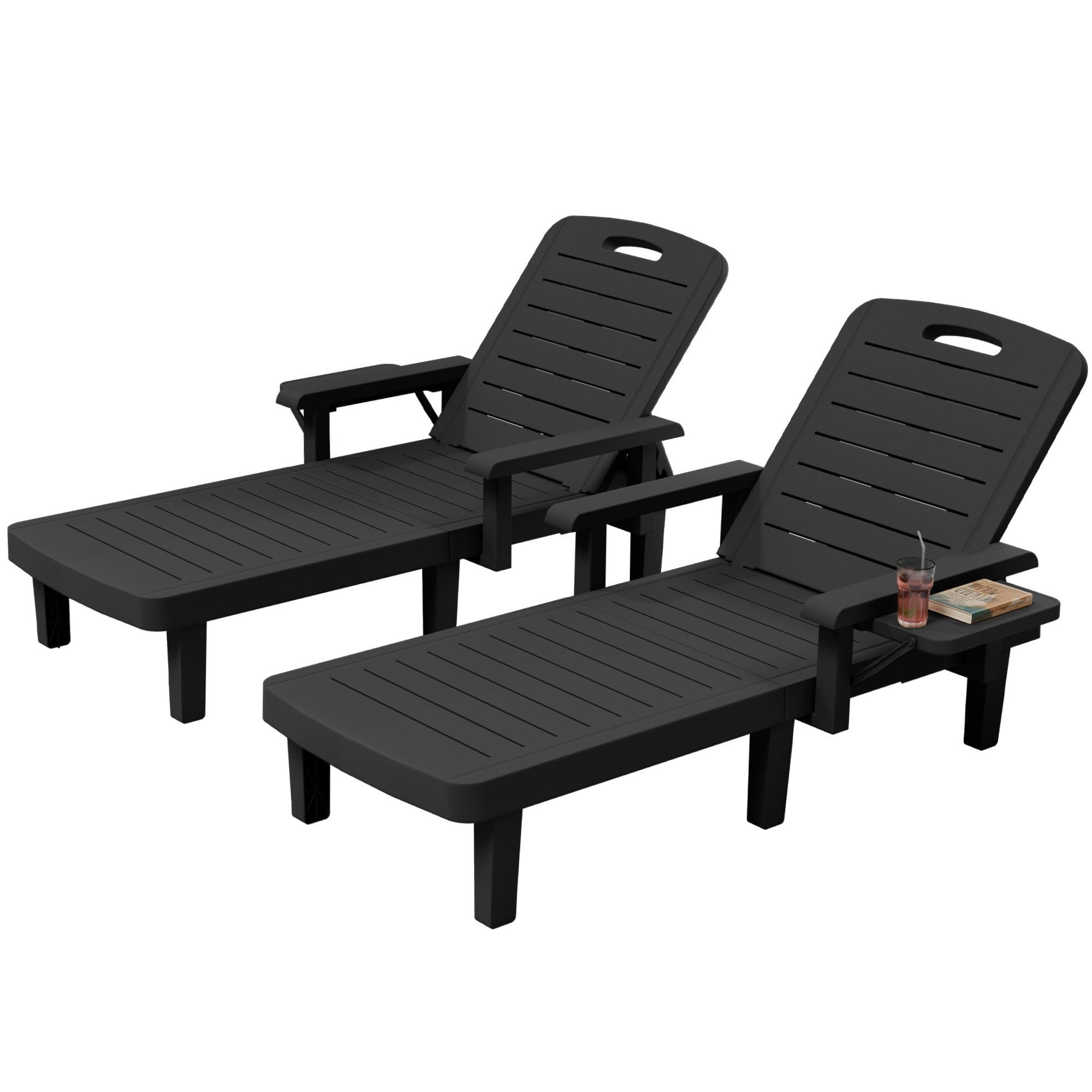 UDPATIO Oversized Pool Lounge Chairs Set of 2, Waterproof Resin Pool Chaise Lounges with Armrests and Cup Holder Tray, 5 Level Adjustable Backrest, for Poolsode, Lawn, Beach, Backyard
