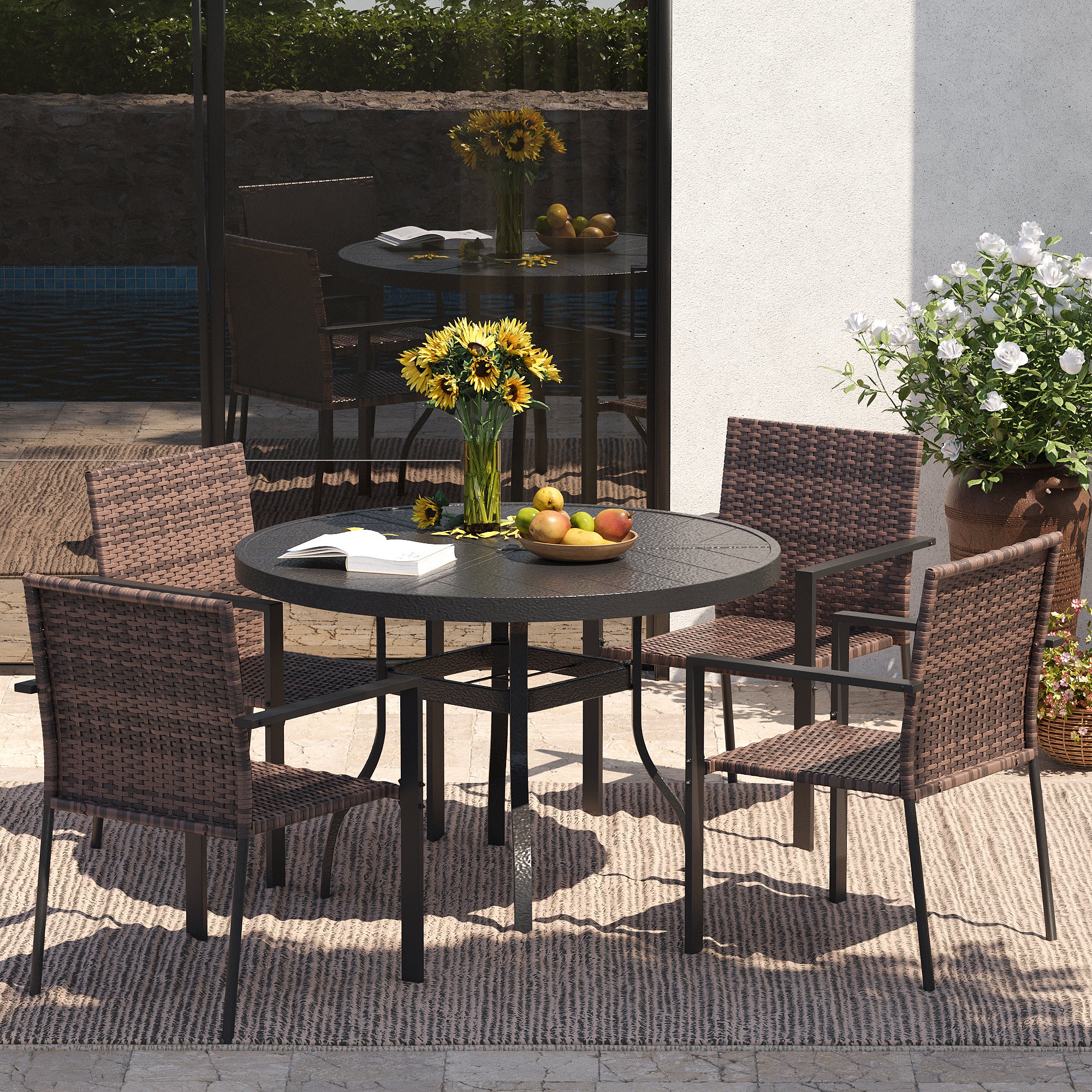 UDPATIO Stackable Patio Chairs Set of 4, Wicker Outdoor Chairs, All-Weather Rattan Dining Chairs with Deep Seat & Armrests, Steel Frame for Patio, Garden, Backyard, Deck, Lawn or Porch, Brown
