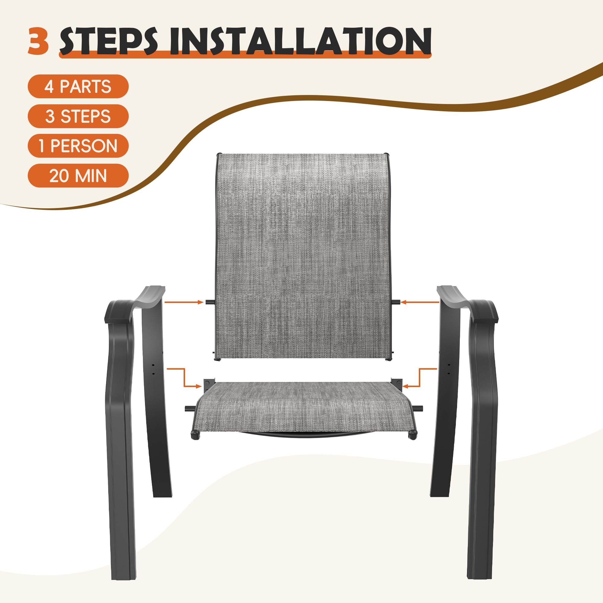 UDPATIO Patio Dining Chairs Set of 2, High Back Wide Seat Outdoor Furniture Chairs with All Weather Breathable Textilene, for Lawn Garden Backyard Deck, Grey White