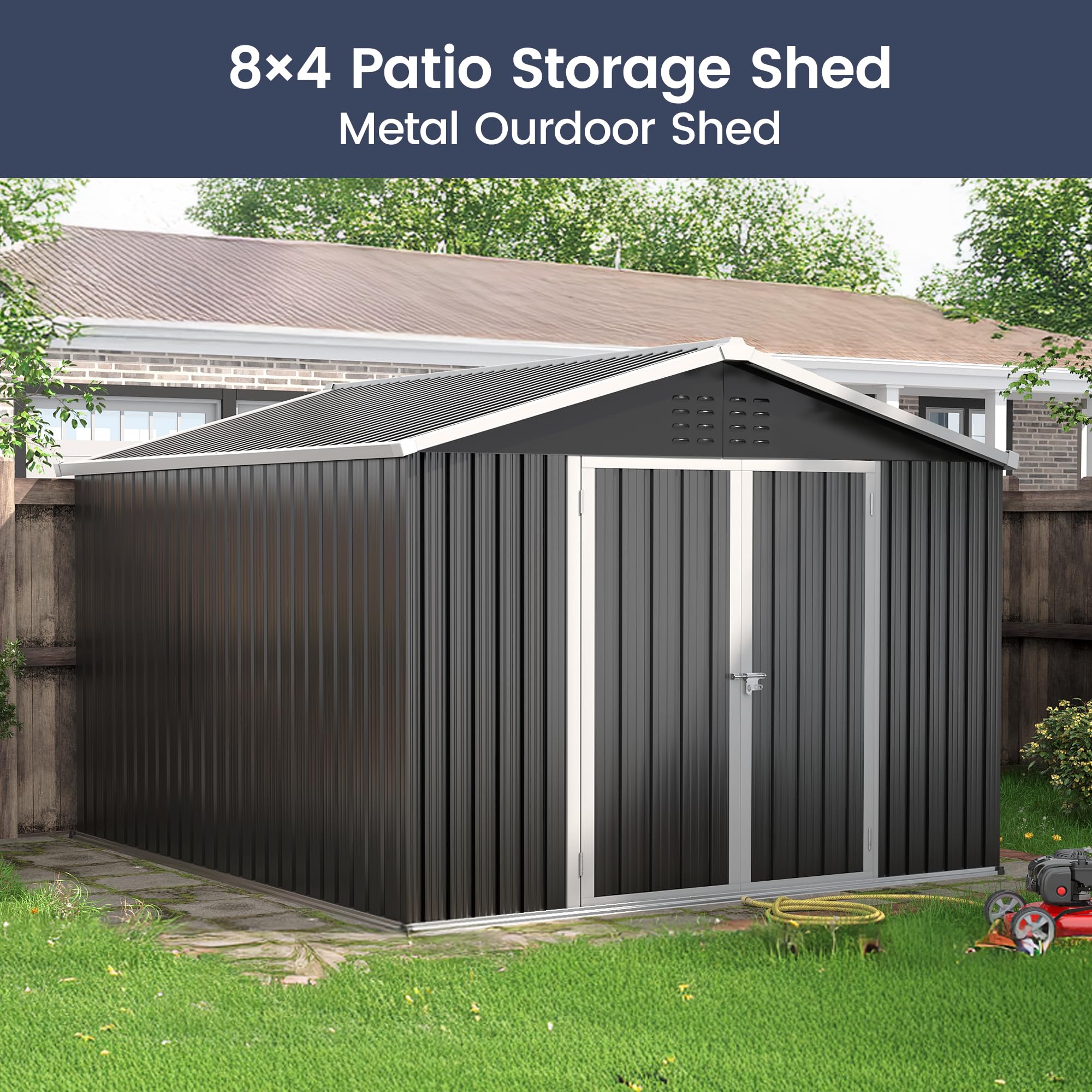 UDPATIO Outdoor Storage Shed 10x12 FT, Outside Sheds & Outdoor Storage Metal Galvanized Steel Yard, Patio, Lawn, Tool Shed with Lockable Door for Can, Bike, Lawnmower, Generator,Dark Grey