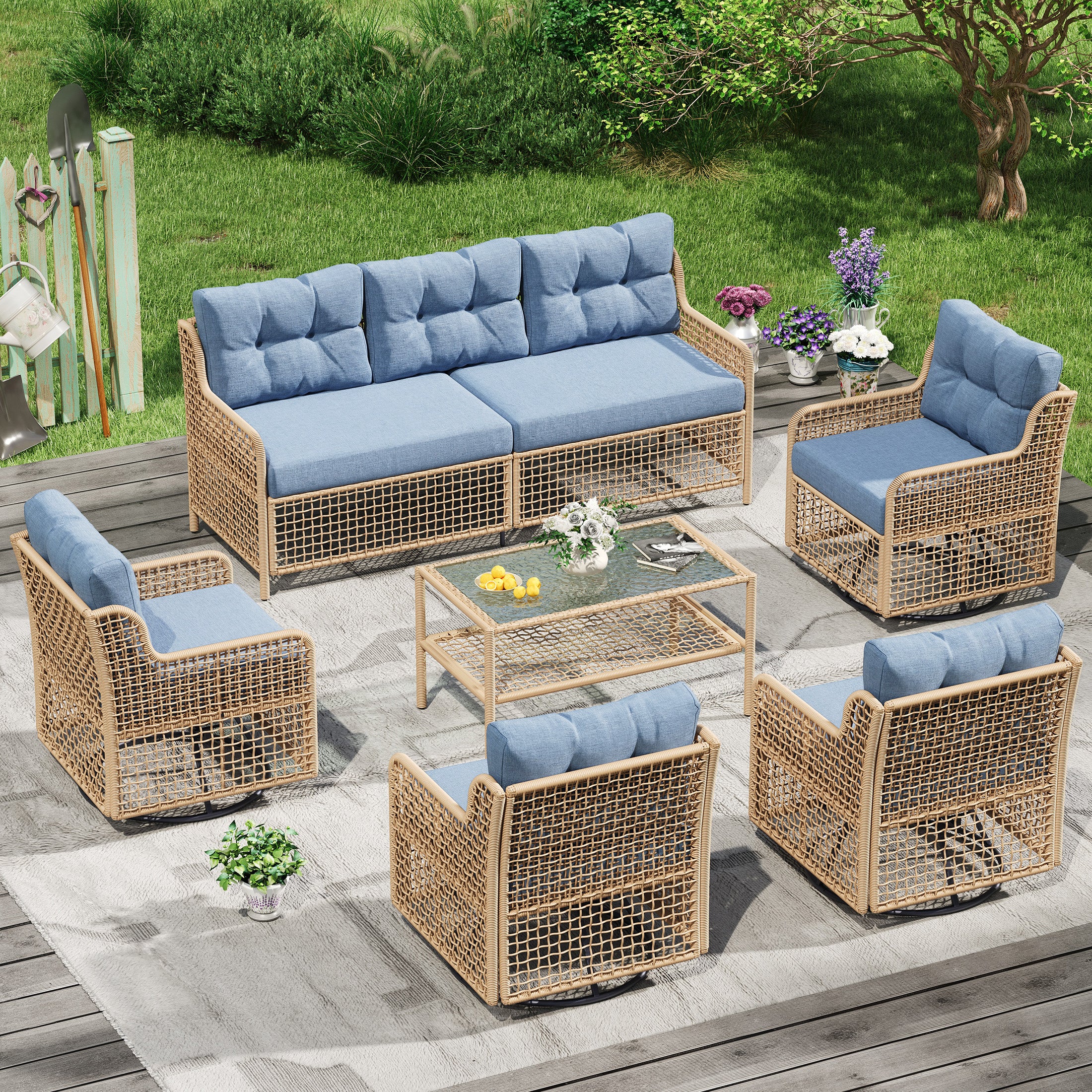 UDPATIO Patio Conversation Set, Rattan Wicker Furniture, 6 Piece Outdoor Sectional Set with Coffee Table & All-Weather Wicker, Navy Blue