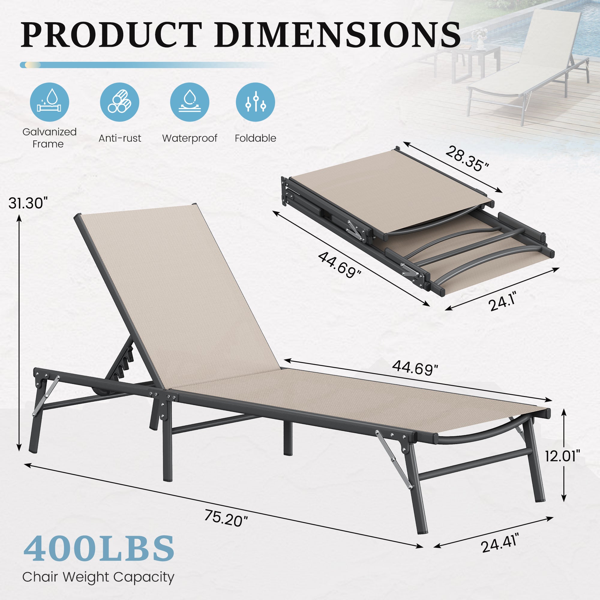 Outdoor Foldable Lounge Chair Set of 2 with Table Pool Lounge Chairs for Outside, Adjustable Lounger for Poolside Lawn Deck Lay Flat Sunbathing Backrest for Patio, Beach, Yard(Brown)