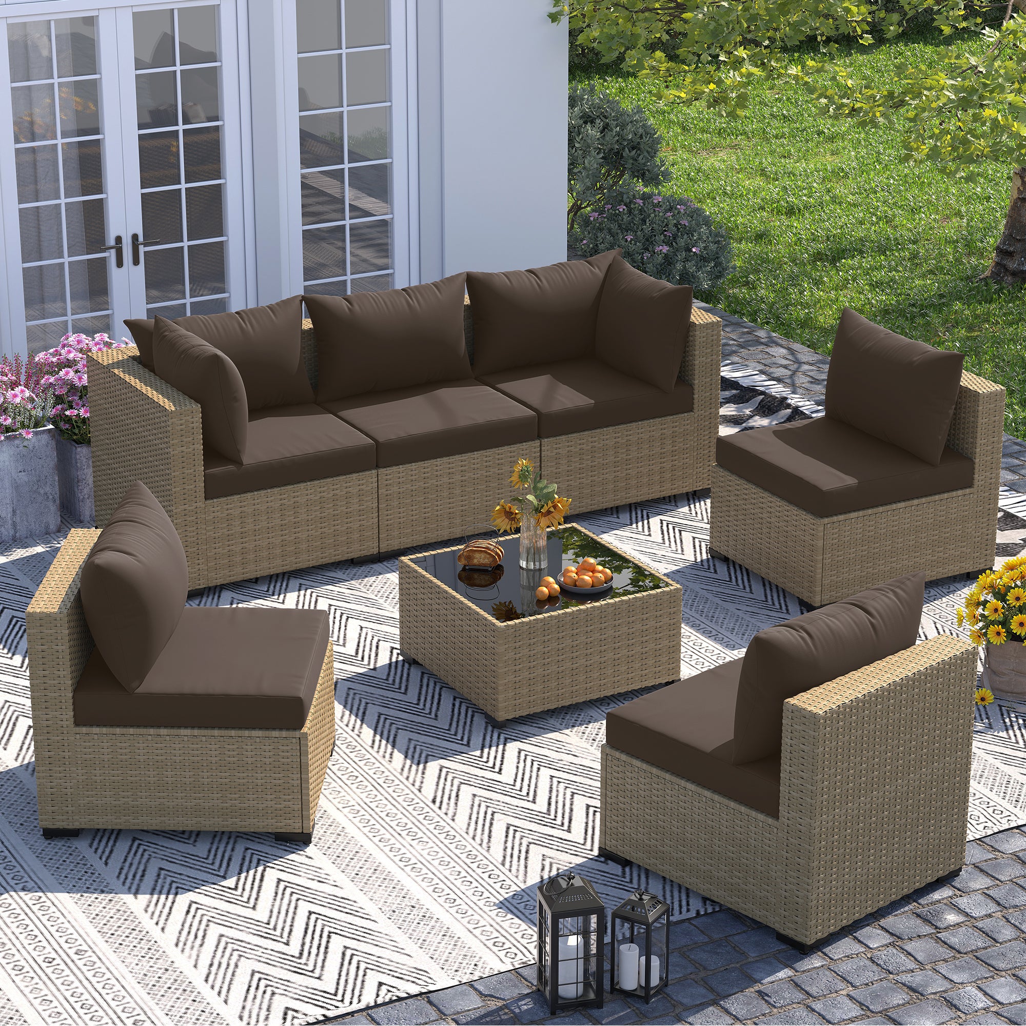 UDPATIO Furniture Set, 7 Piece Sectional Sofas with Wicker Coffee Table, Conversation for Garden, Backyard, Brown