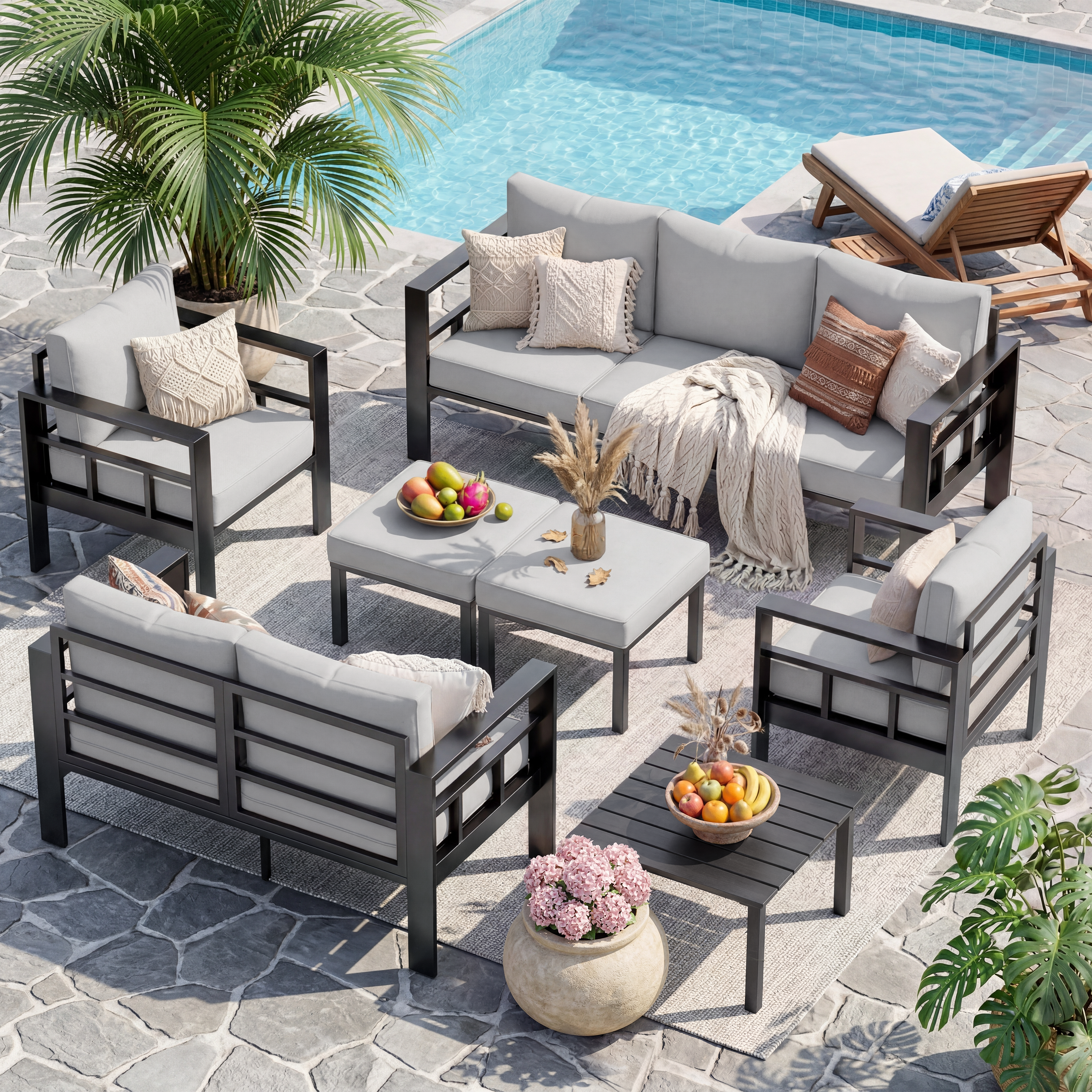 UDPATIO Aluminum Outdoor Furniture Set with 2 Ottomans, 7 Pieces All-Weather & UV-Resistant Patio Sectional Sofa Set for Deck, Backyard, Poolside, Light Gray