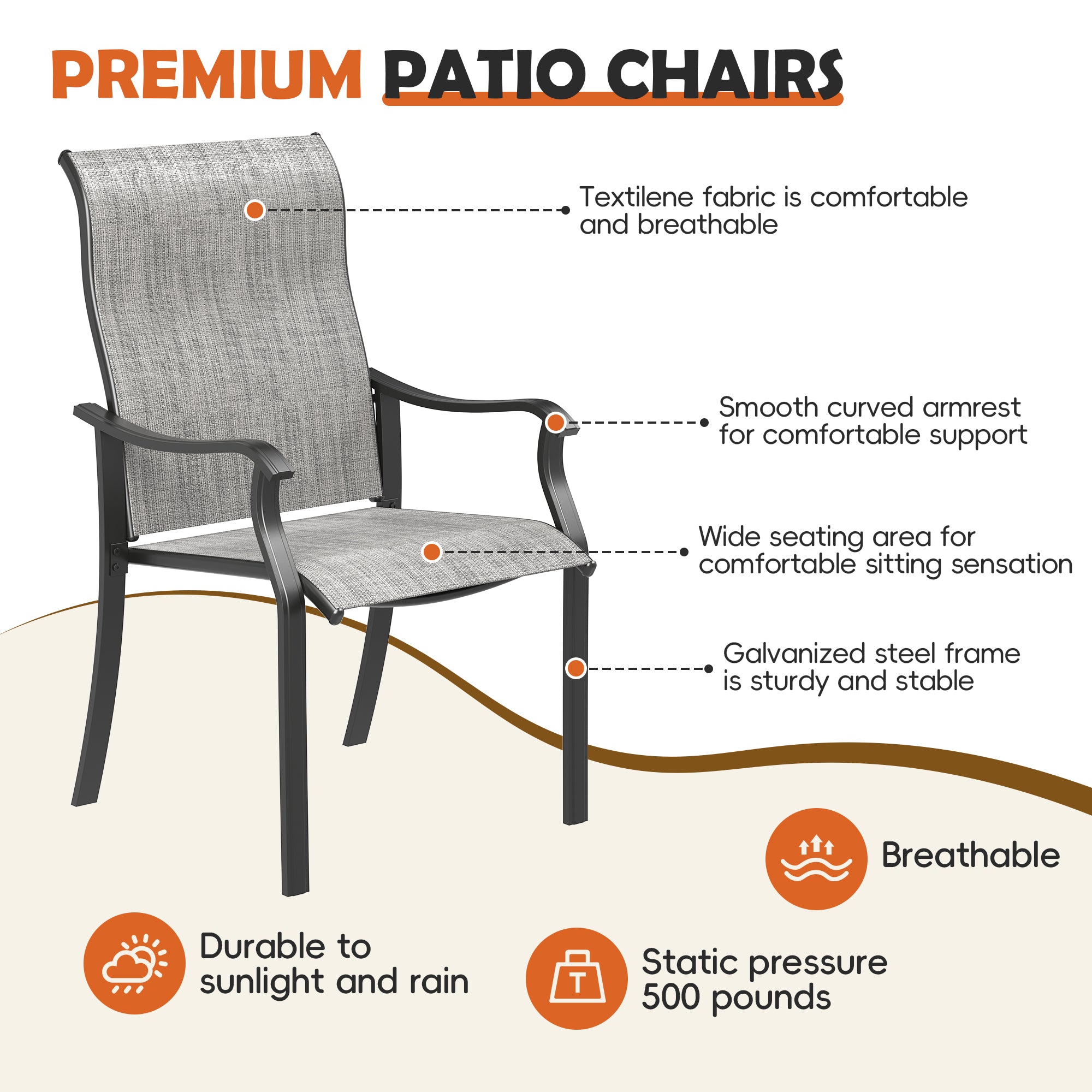 UDPATIO Patio Dining Chairs Set of 2, High Back Wide Seat Outdoor Furniture Chairs with All Weather Breathable Textilene, for Lawn Garden Backyard Deck, Grey White