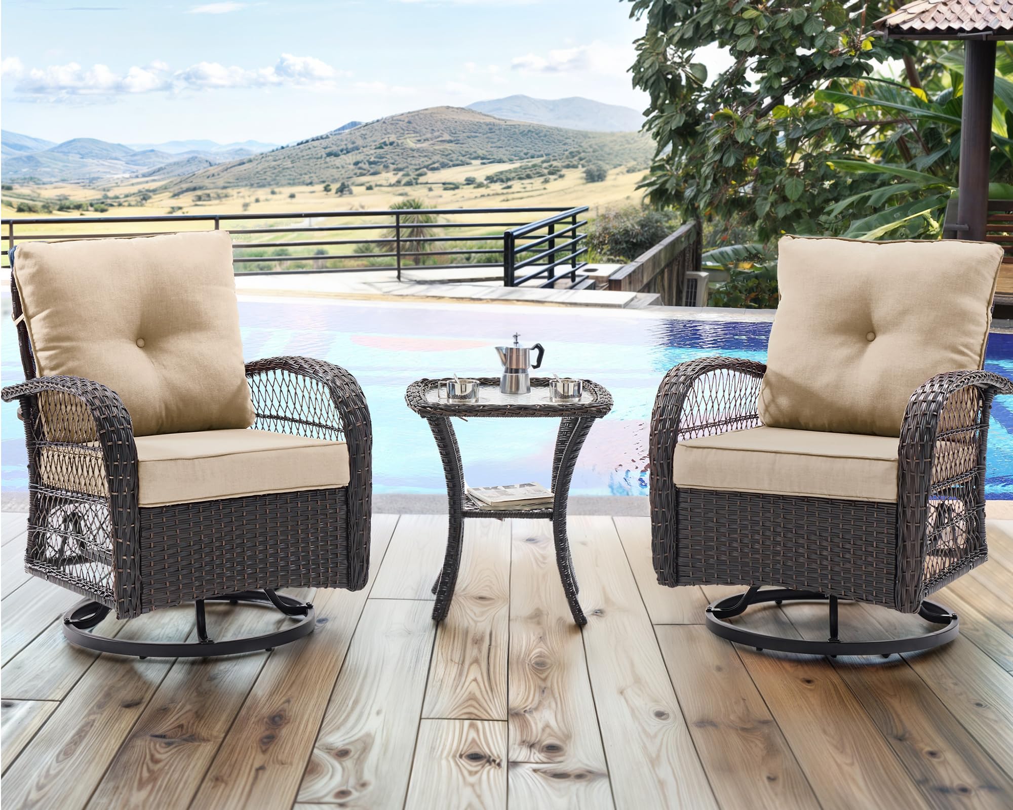 UDPATIO 3 Pieces Patio Furniture Set, Outdoor Swivel Rocker Patio Chairs Set of 2, All-Weather PE Wicker Glider Chairs with Thick Cushions and Glass Coffee Table，for Porch Deck Backyard