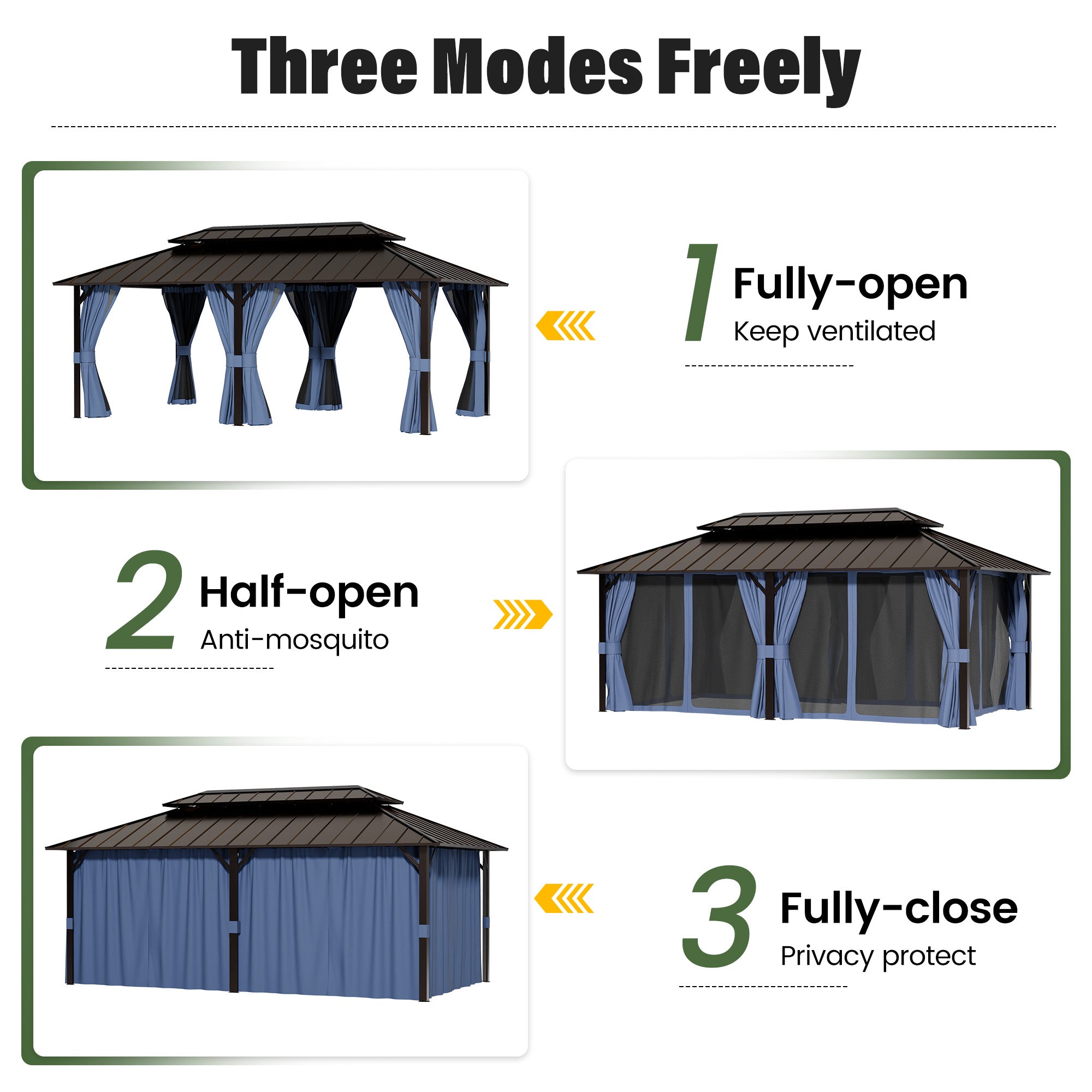 UDPATIO 12x20 Hardtop Gazebo, Aluminum Frame with Double Galvanized Steel Roof, Hard Top Heavy Duty Patio Outdoor Metal Gazebos, Permanent Gazebo with Mosquito Netting and Curtain for Deck, Navy Blue