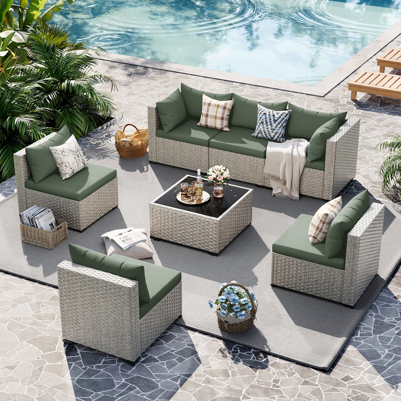 UDPATIO Outdoor Patio Furniture Set, 7 Pcs PE Wicker Sectional Sofa with Tea Table, Outdoor Conversation Set for Patio, Garden, Backyard (Green Cushions with Light Grey Rattan)