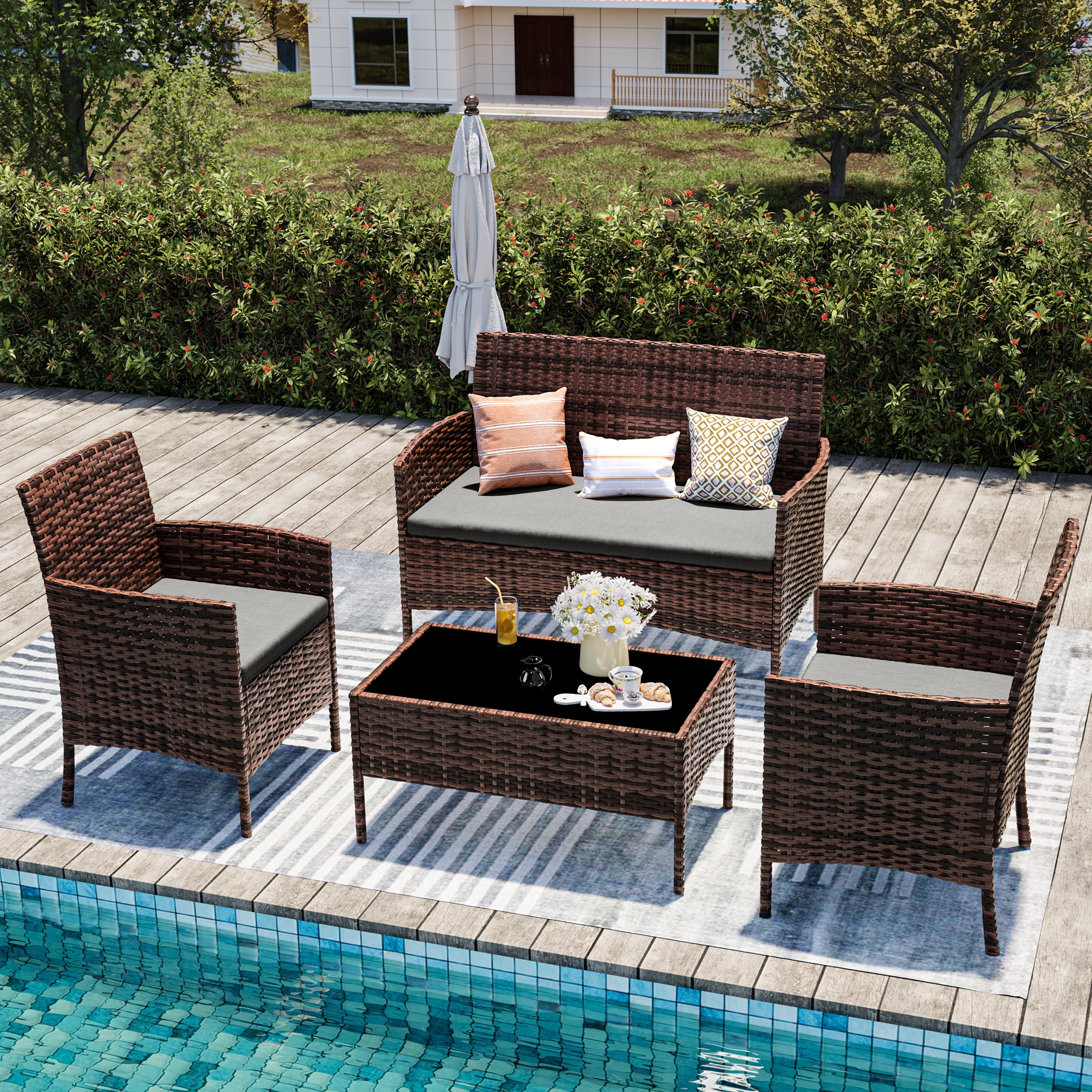 UDPATIO 4 Pieces Outdoor Patio Furniture,Sectional Conversation Sets,Brown PE Rattan Patio Chairs with Table and Loveseat for Balcony, Porch, Backyard,（Gray Cushion）