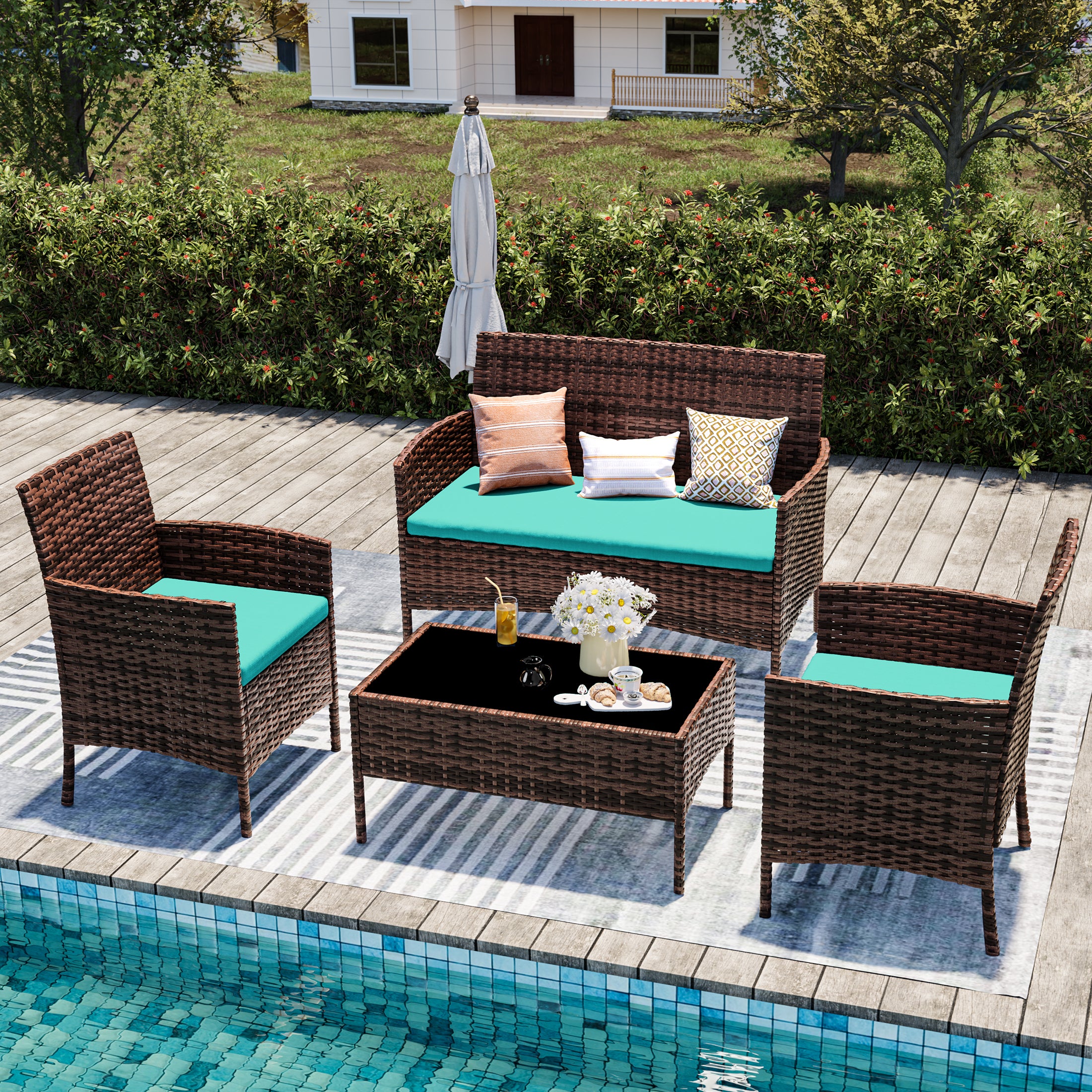UDPATIO 4 Pieces Outdoor Patio Furniture,Sectional Conversation Sets,Brown PE Rattan Patio Chairs with Table and Loveseat for Balcony, Porch, Backyard,（Turquoise Cushion）
