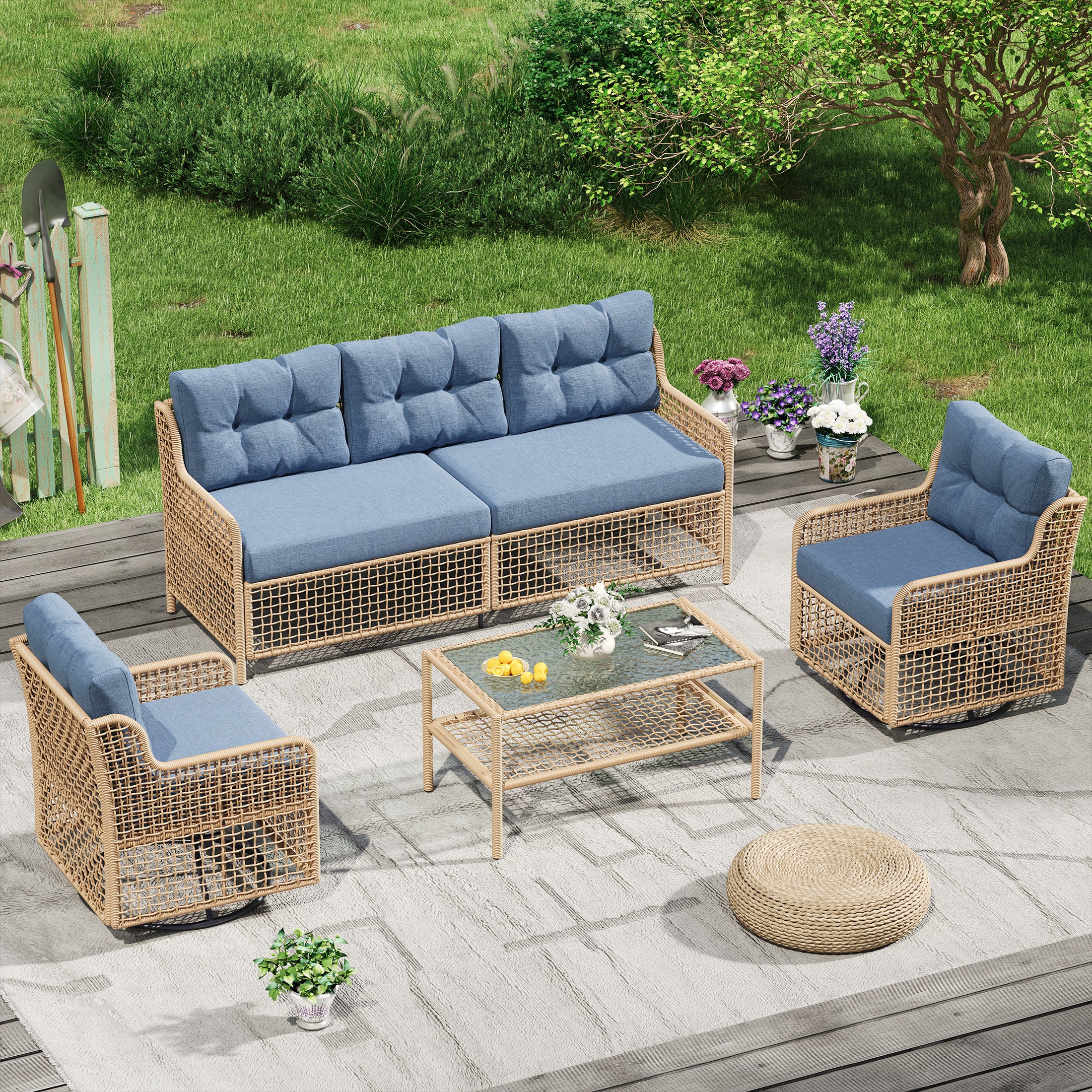UDPATIO Patio Conversation Set, Rattan Wicker Furniture, 4 Piece Outdoor Sectional Set with Coffee Table & All-Weather Wicker, Navy Blue
